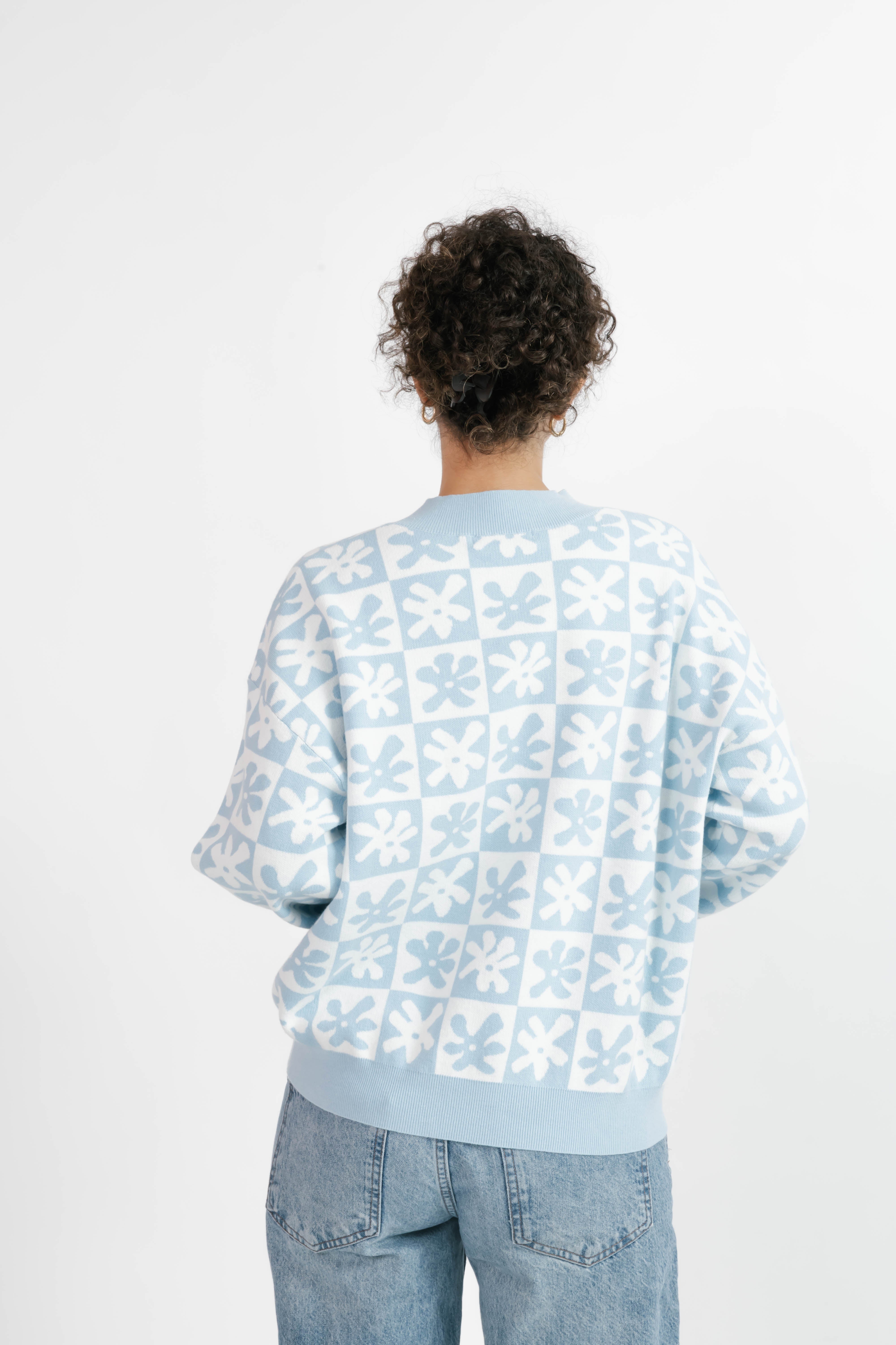 Floral Checkered Sweater in Blue/Cream