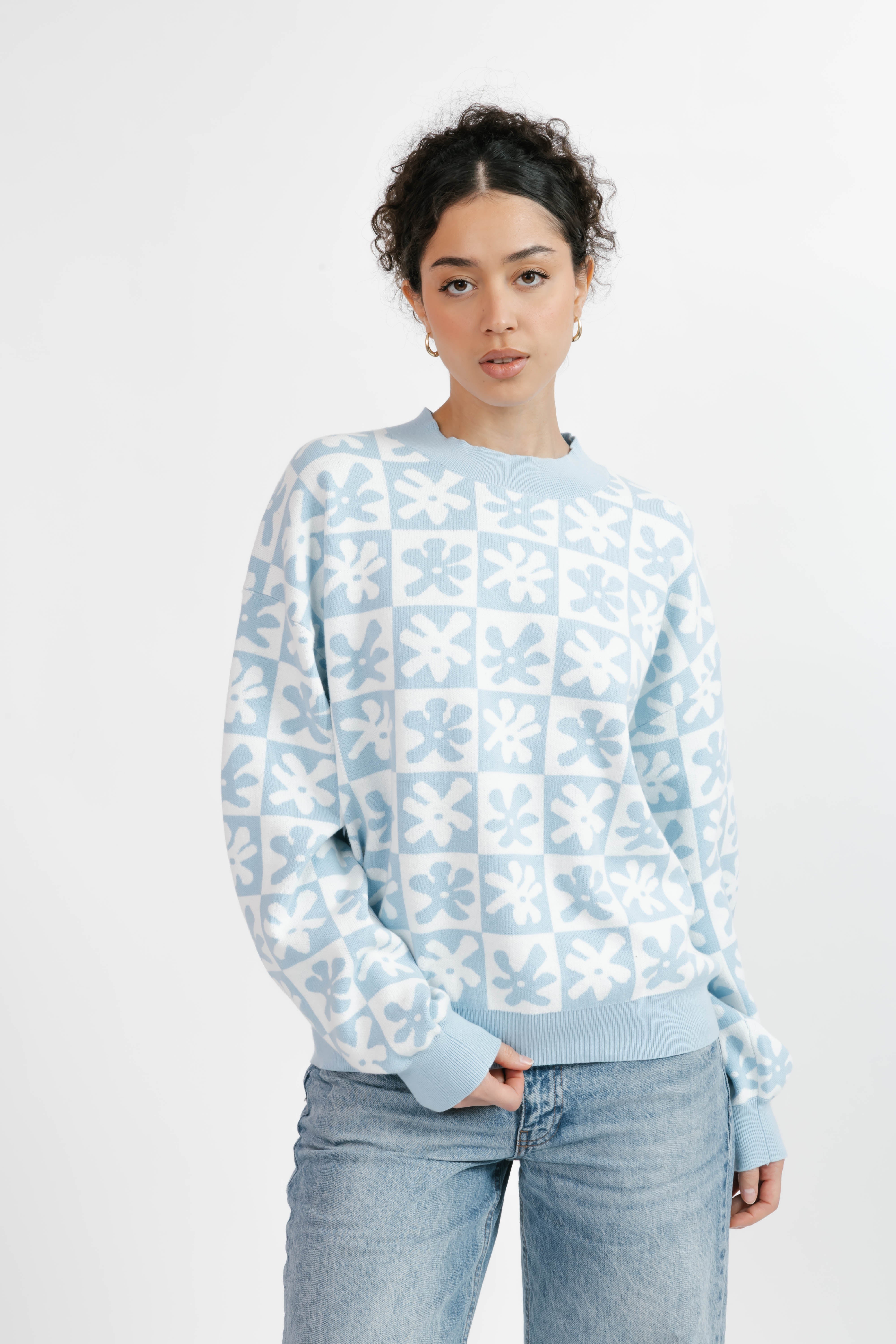 Floral Checkered Sweater in Blue/Cream