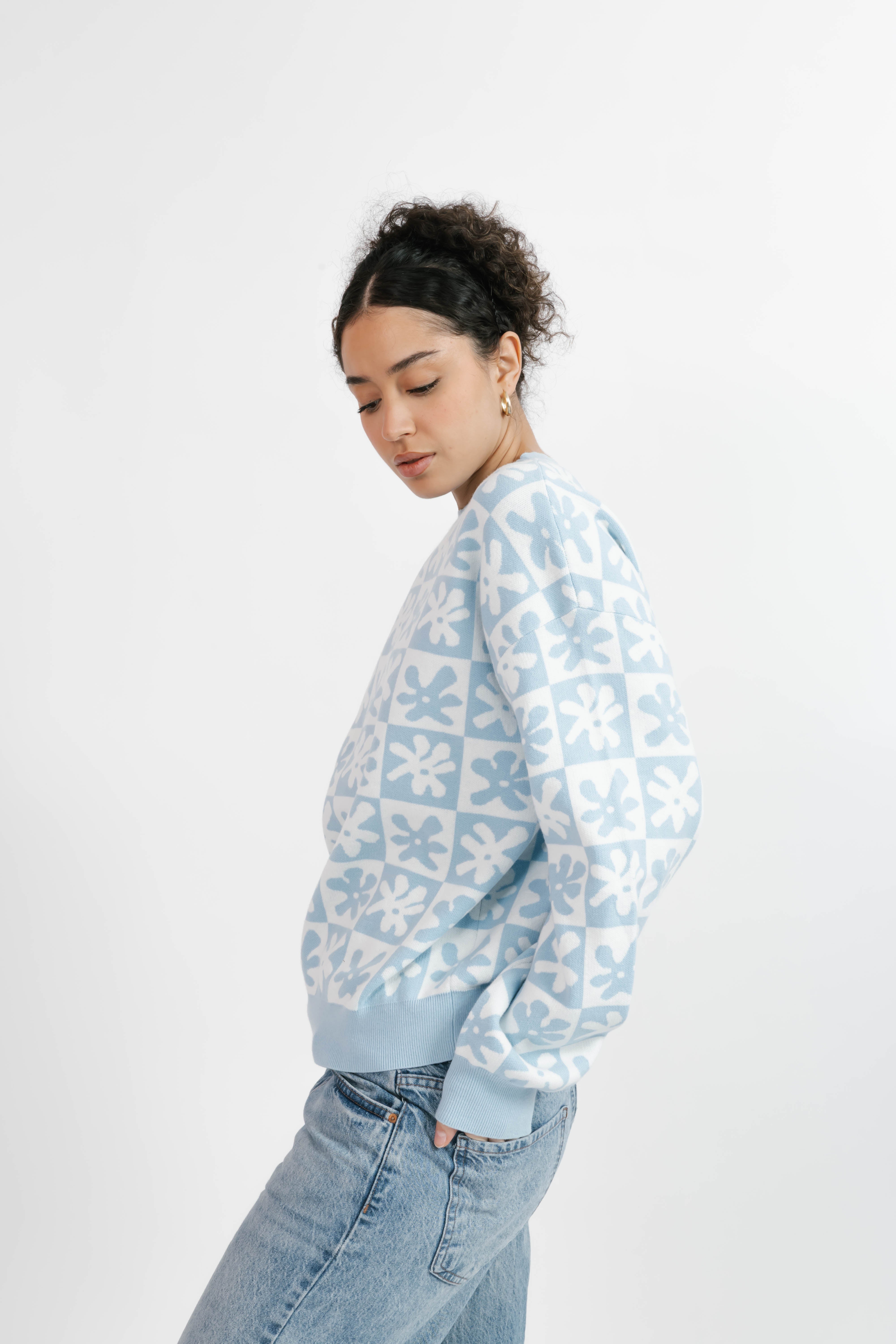 Floral Checkered Sweater in Blue/Cream