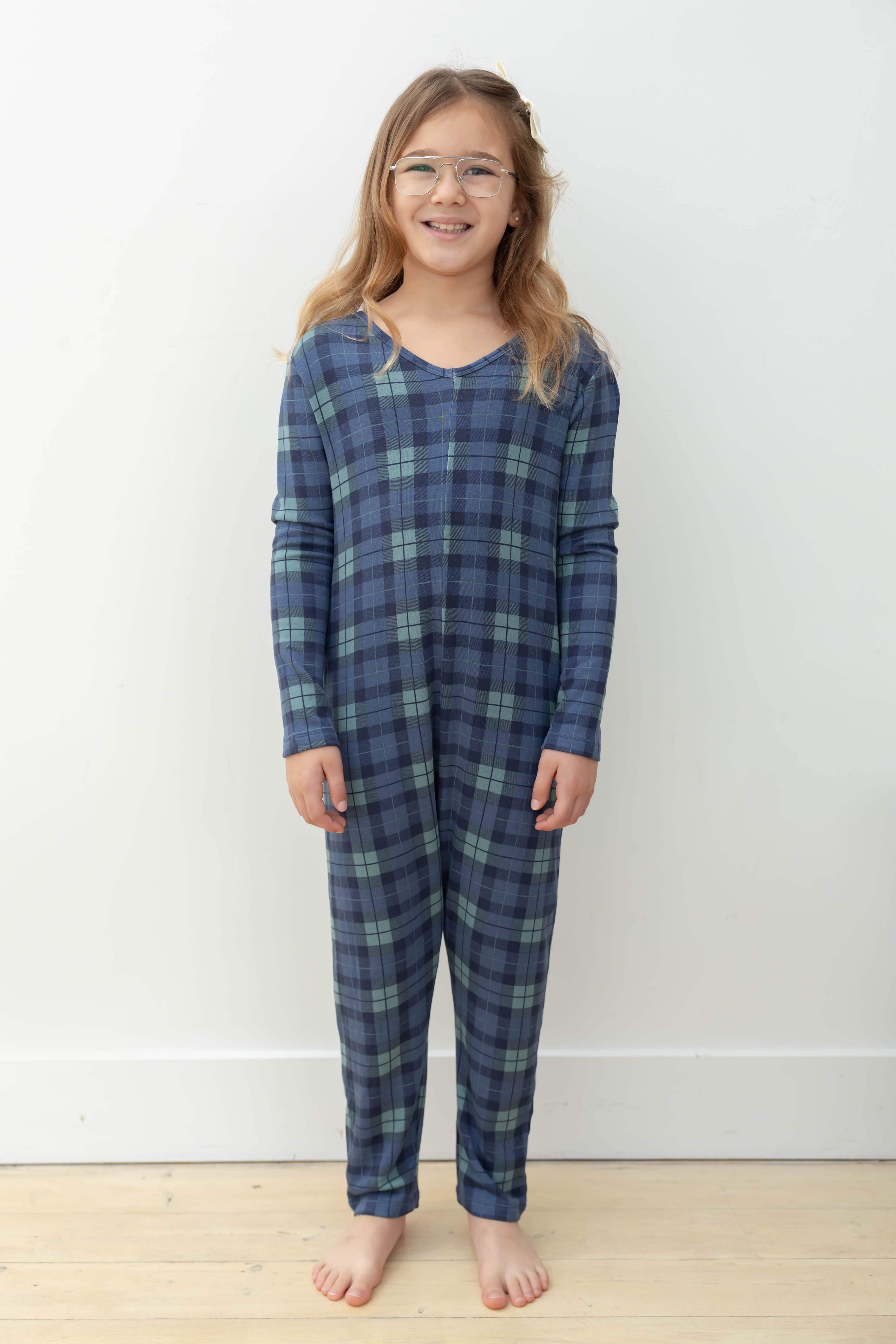 Kids Friday Romper in Navy Plaid