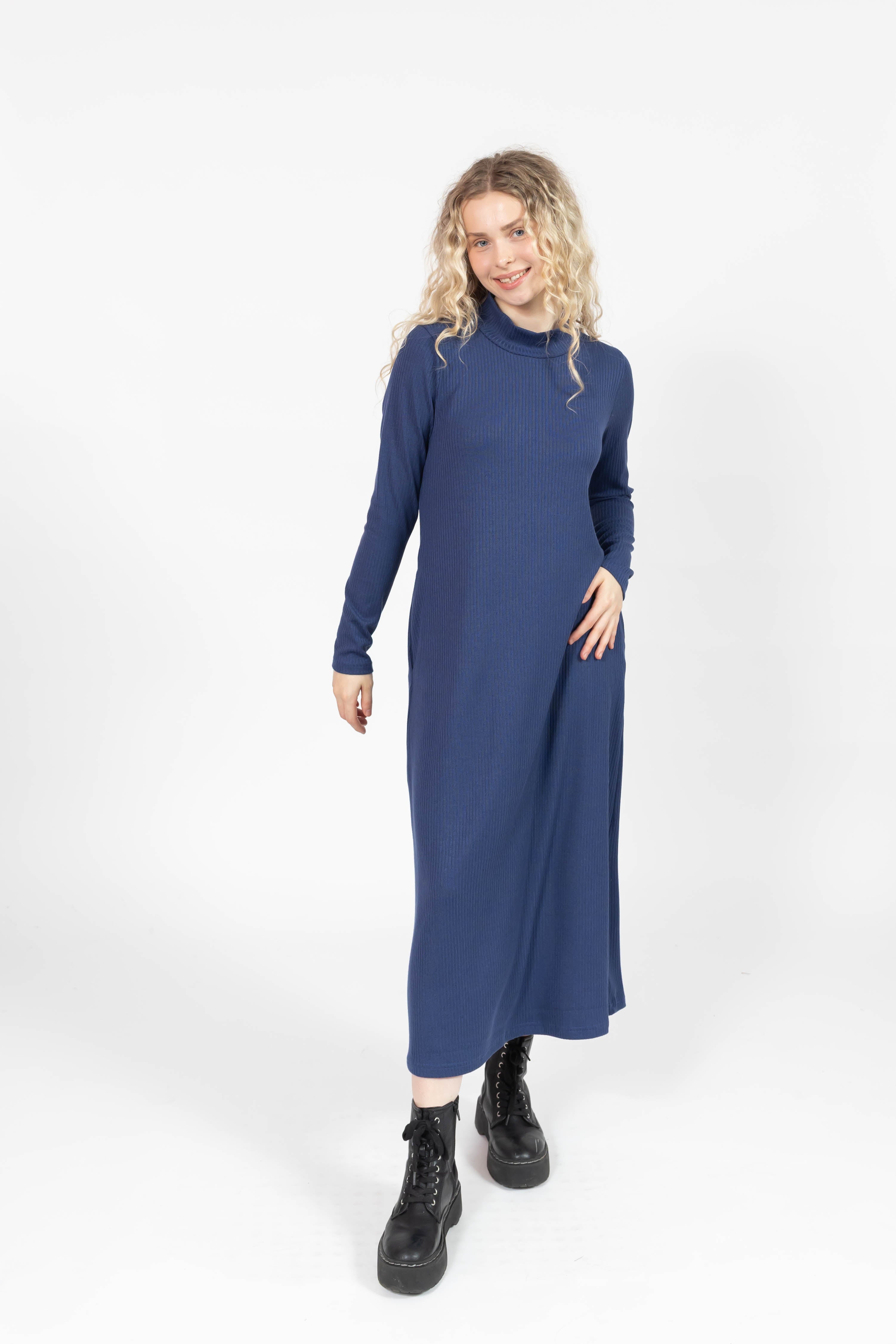 Gabriela Long Sleeve Rib Dress in Denim Blue