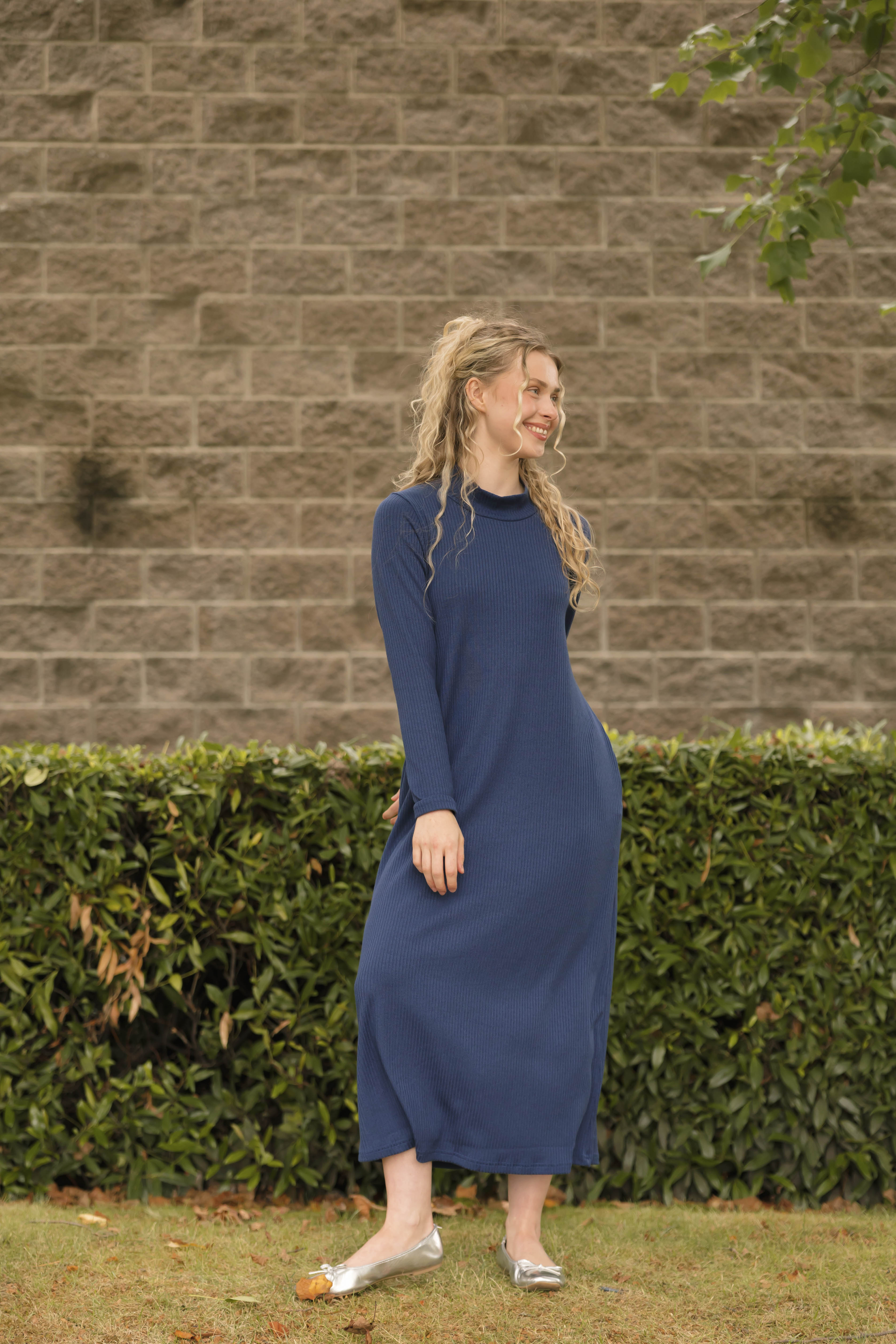 Gabriela Long Sleeve Rib Dress in Denim Blue