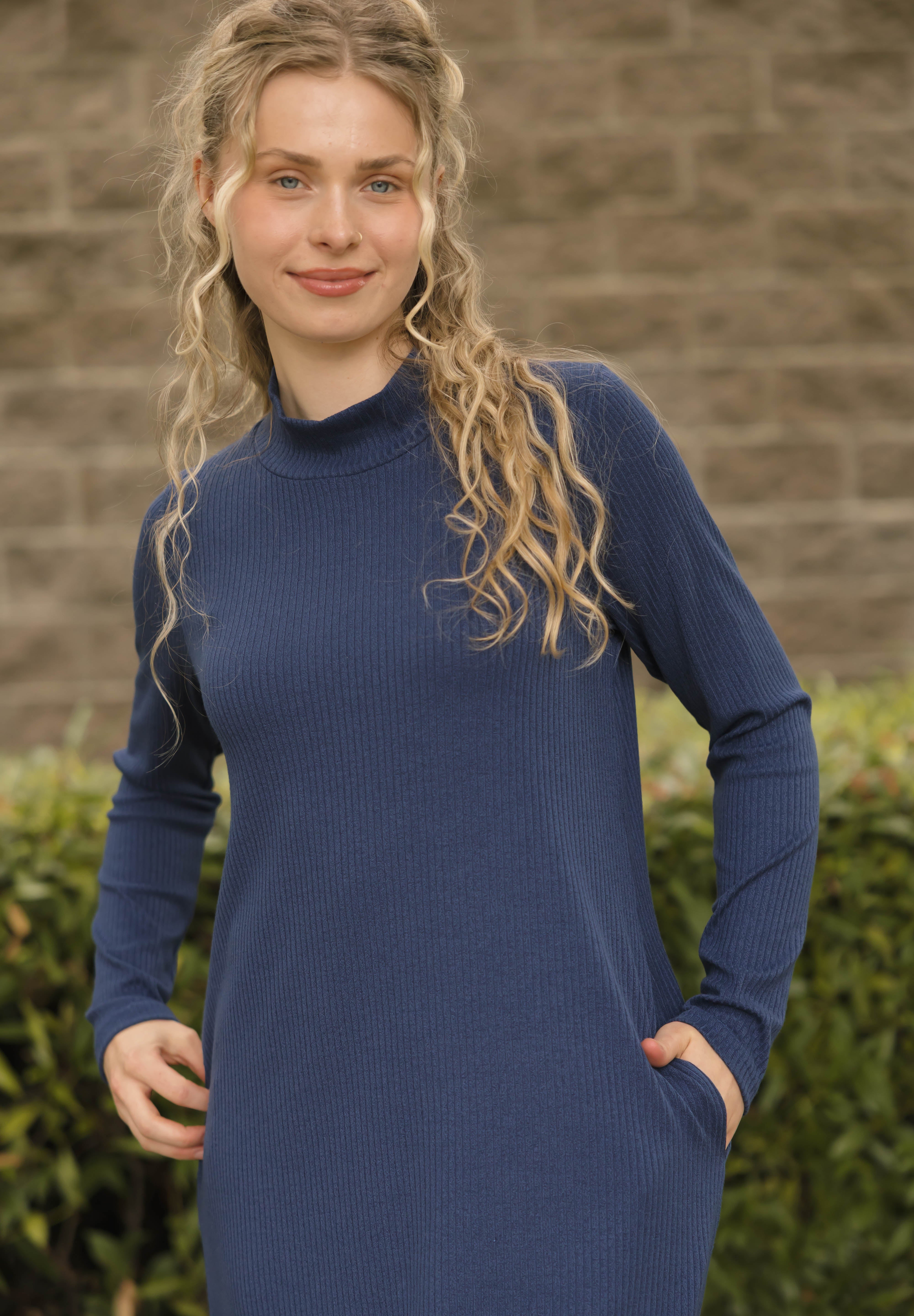 Gabriela Long Sleeve Rib Dress in Denim Blue