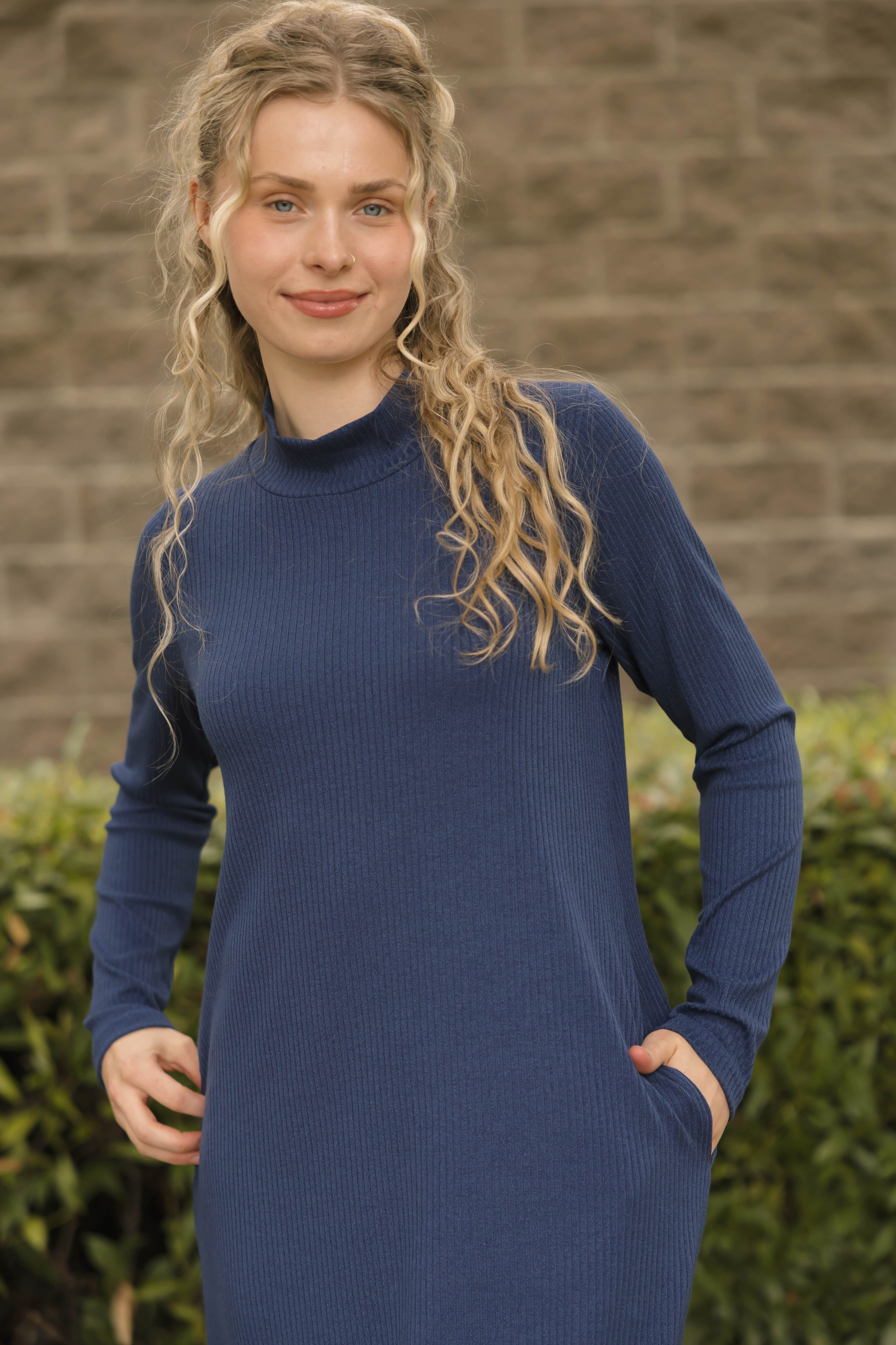 Gabriela Long Sleeve Rib Dress in Denim Blue