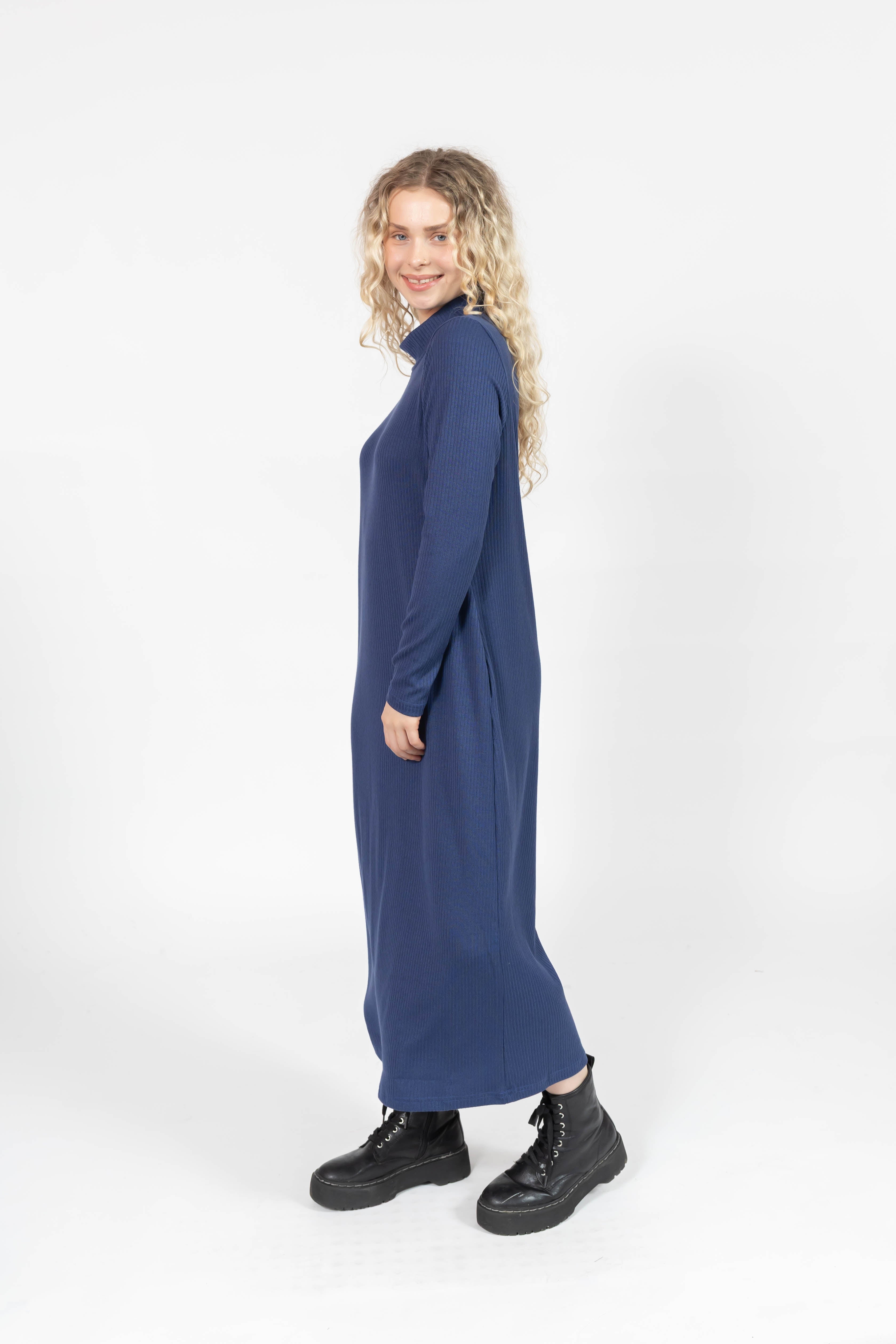 Gabriela Long Sleeve Rib Dress in Denim Blue