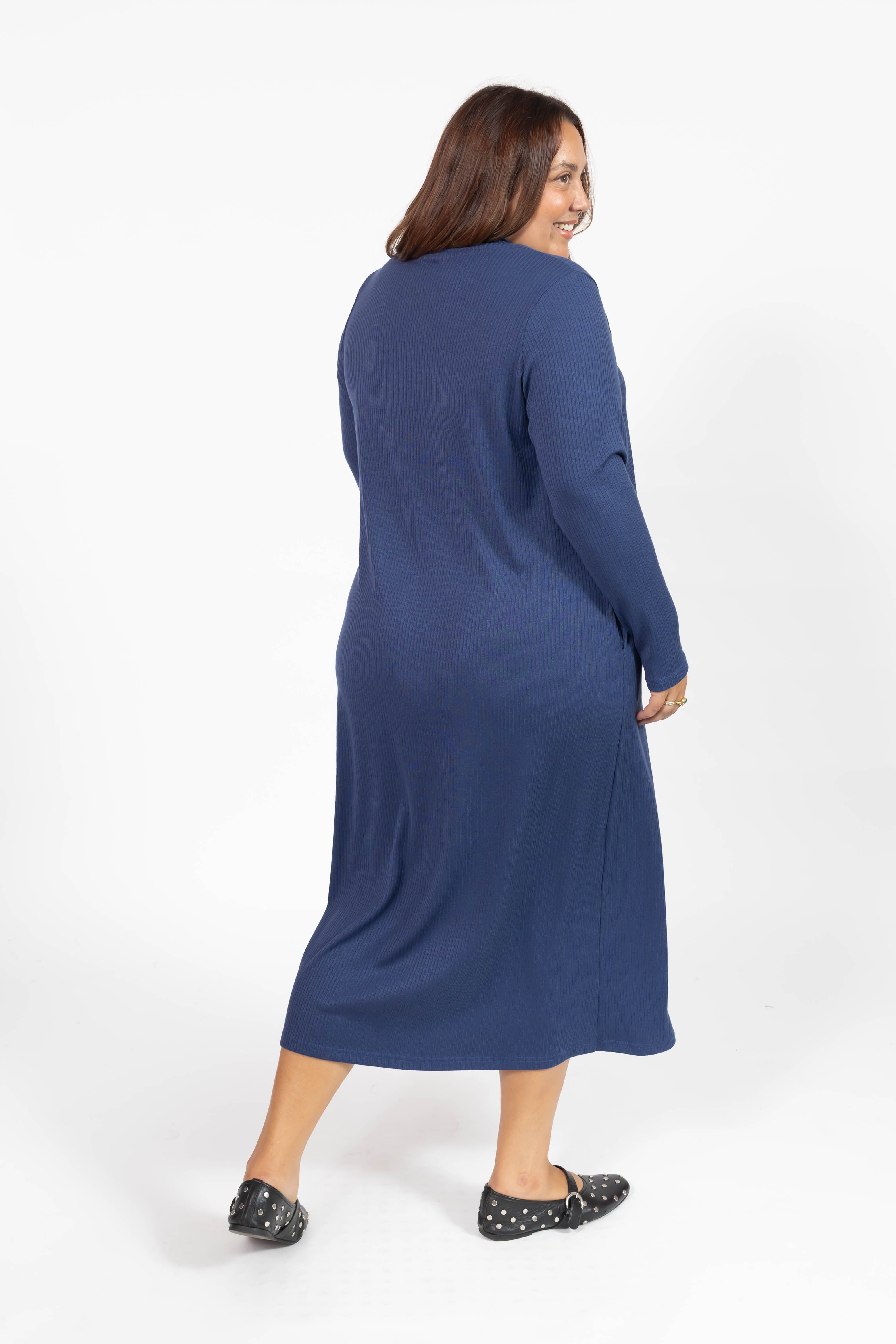 Gabriela Long Sleeve Rib Dress in Denim Blue