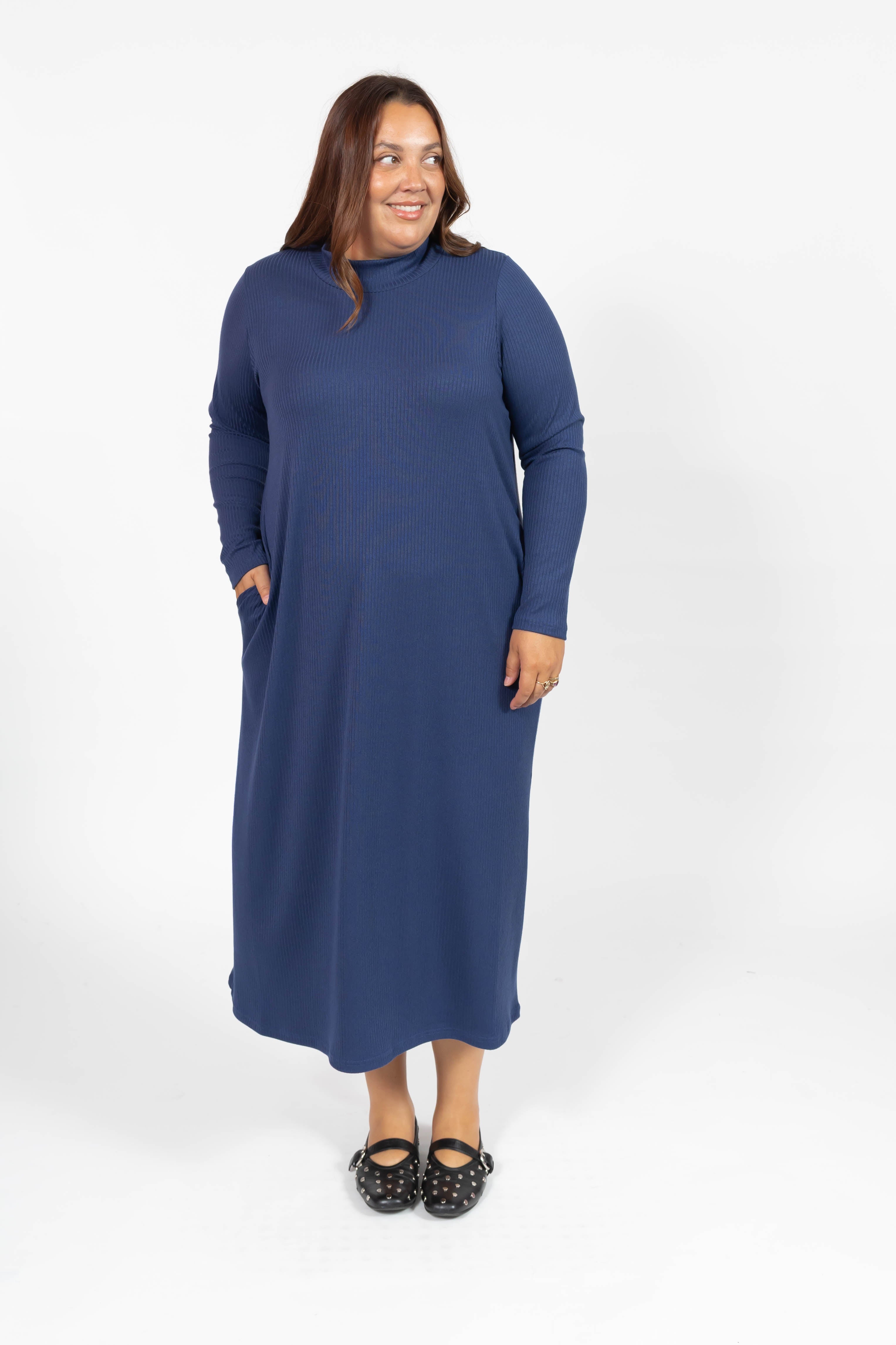 Gabriela Long Sleeve Rib Dress in Denim Blue