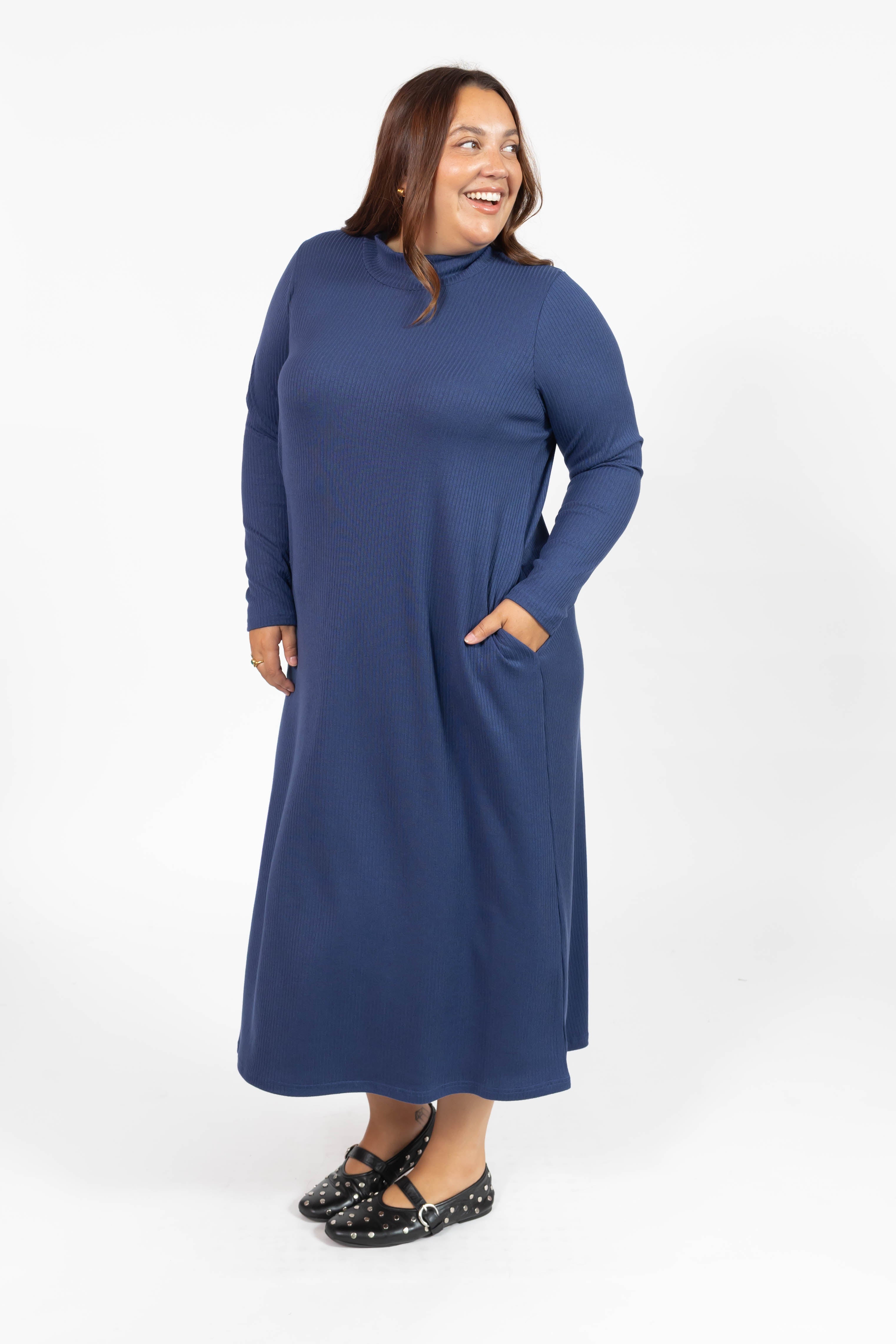 Gabriela Long Sleeve Rib Dress in Denim Blue
