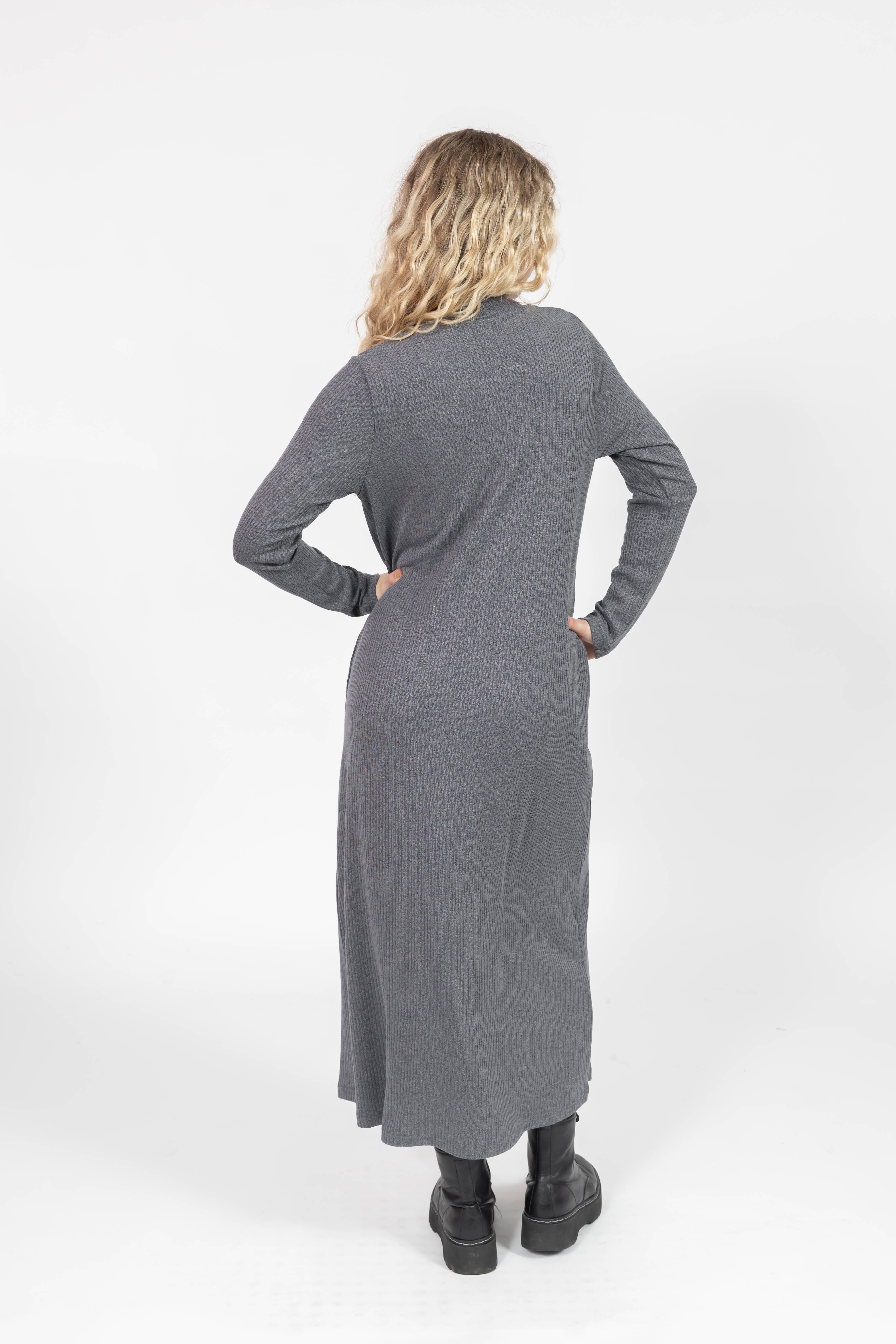 Gabriela Long Sleeve Rib Dress in Heather Charcoal