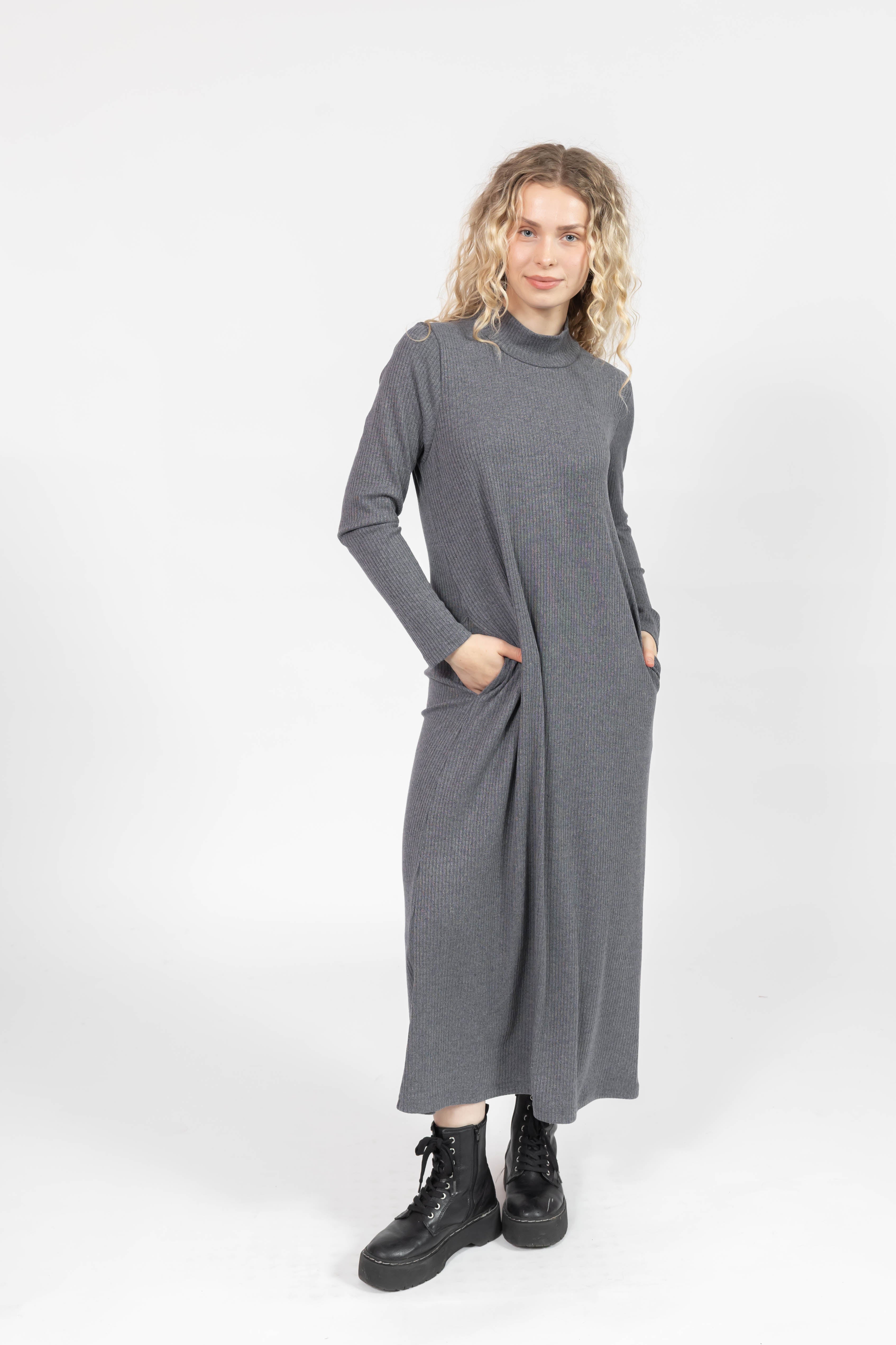 Gabriela Long Sleeve Rib Dress in Heather Charcoal