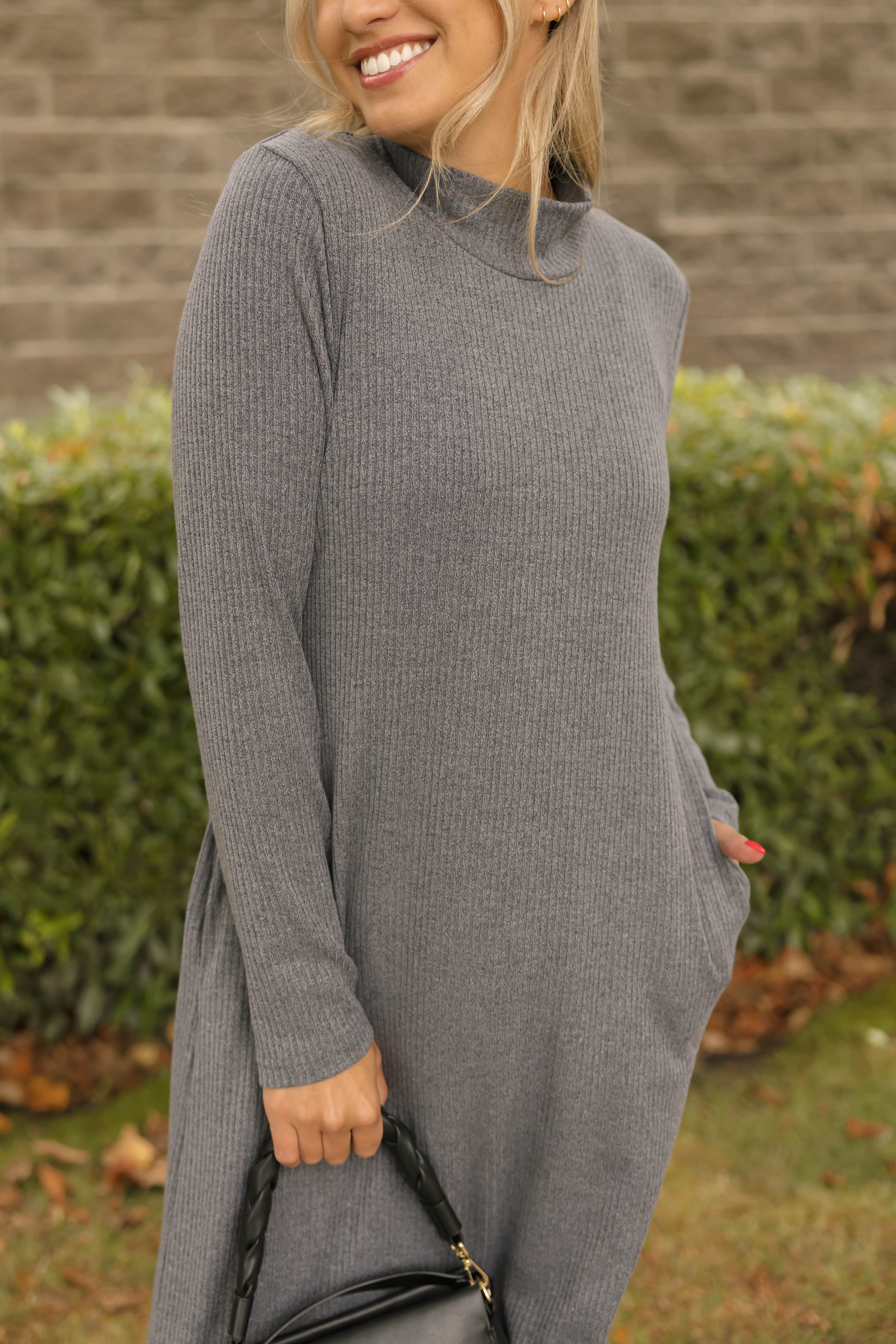 Gabriela Long Sleeve Rib Dress in Heather Charcoal