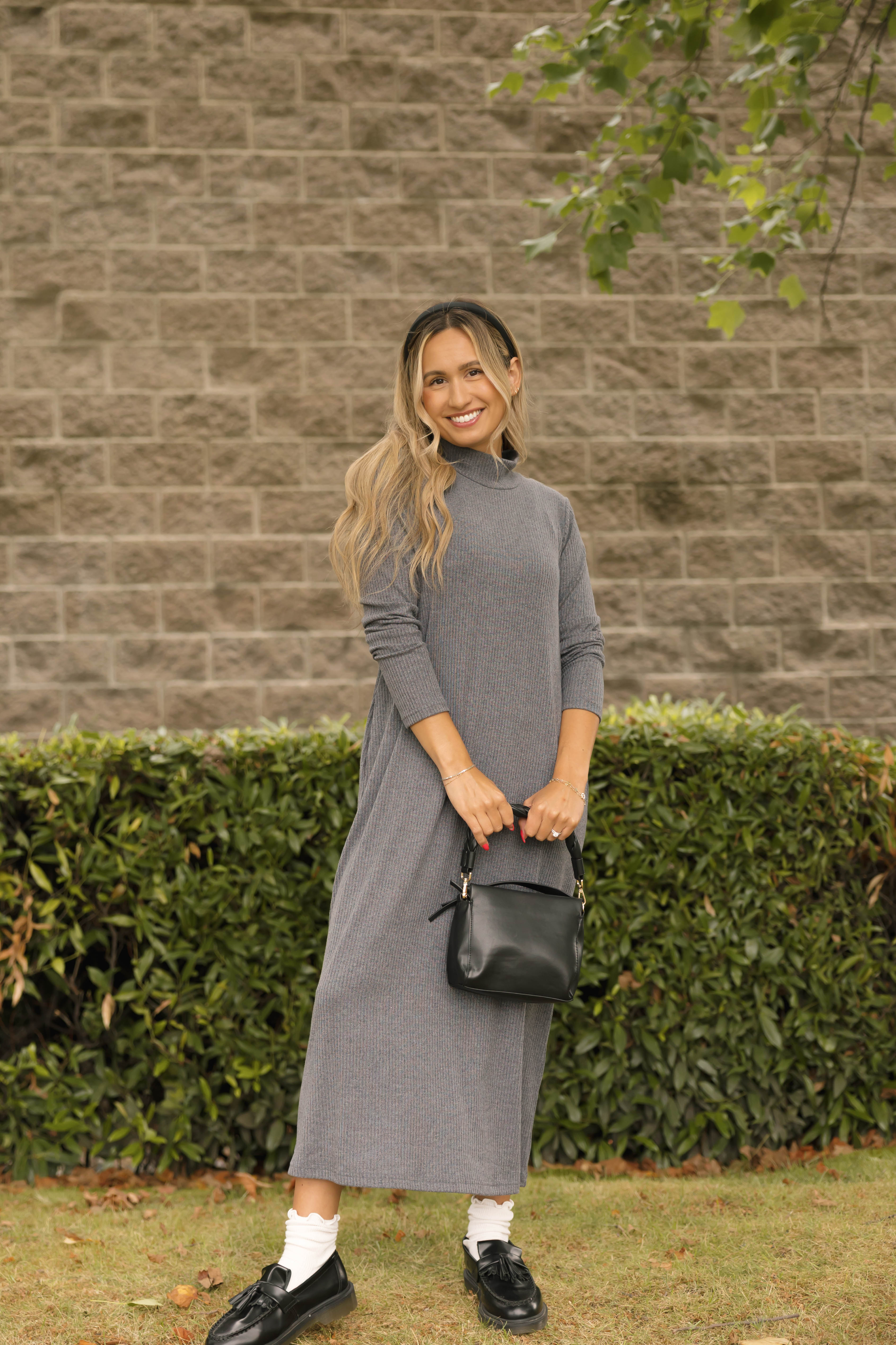 Gabriela Long Sleeve Rib Dress in Heather Charcoal