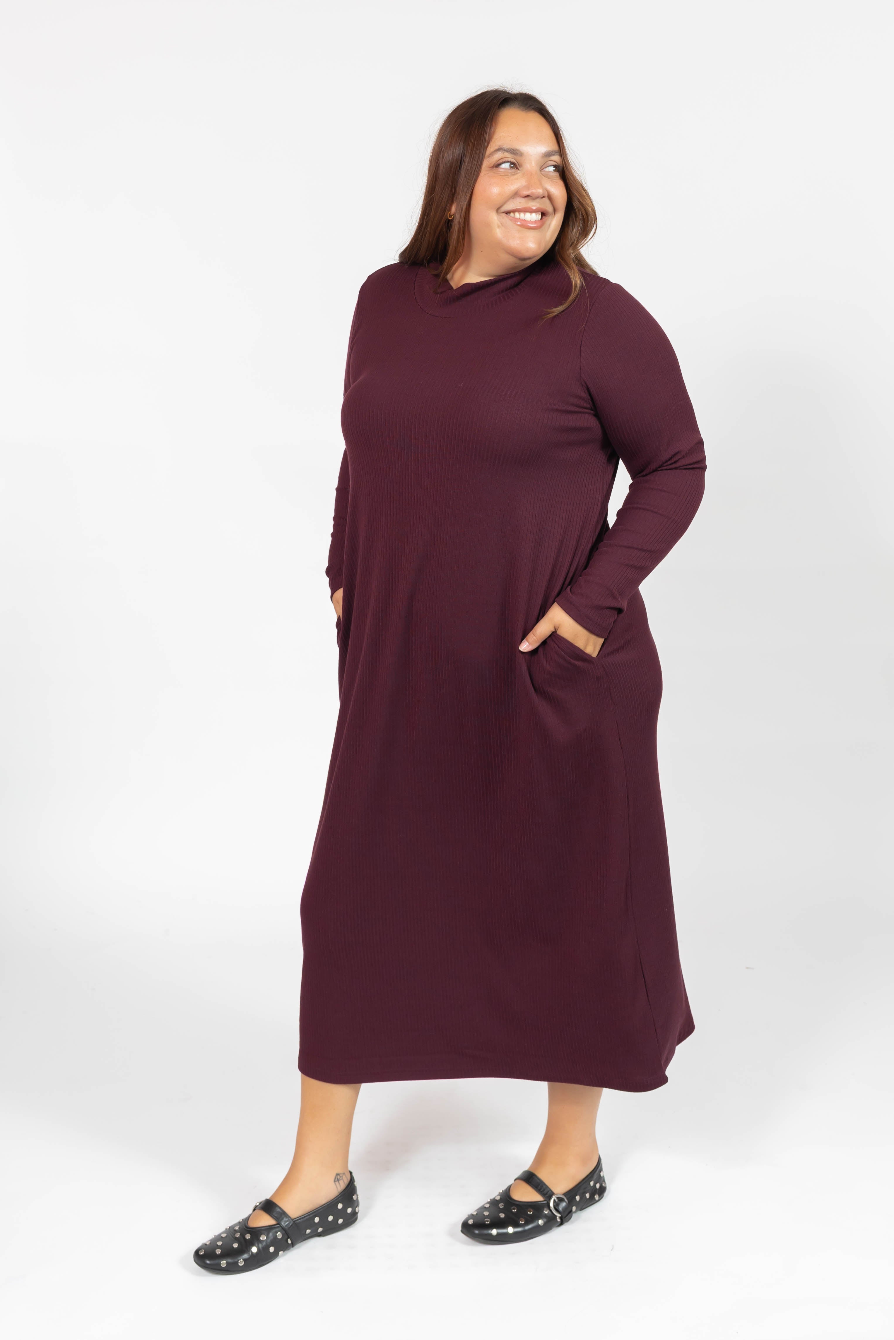 Gabriela Long Sleeve Rib Dress in Mulberry