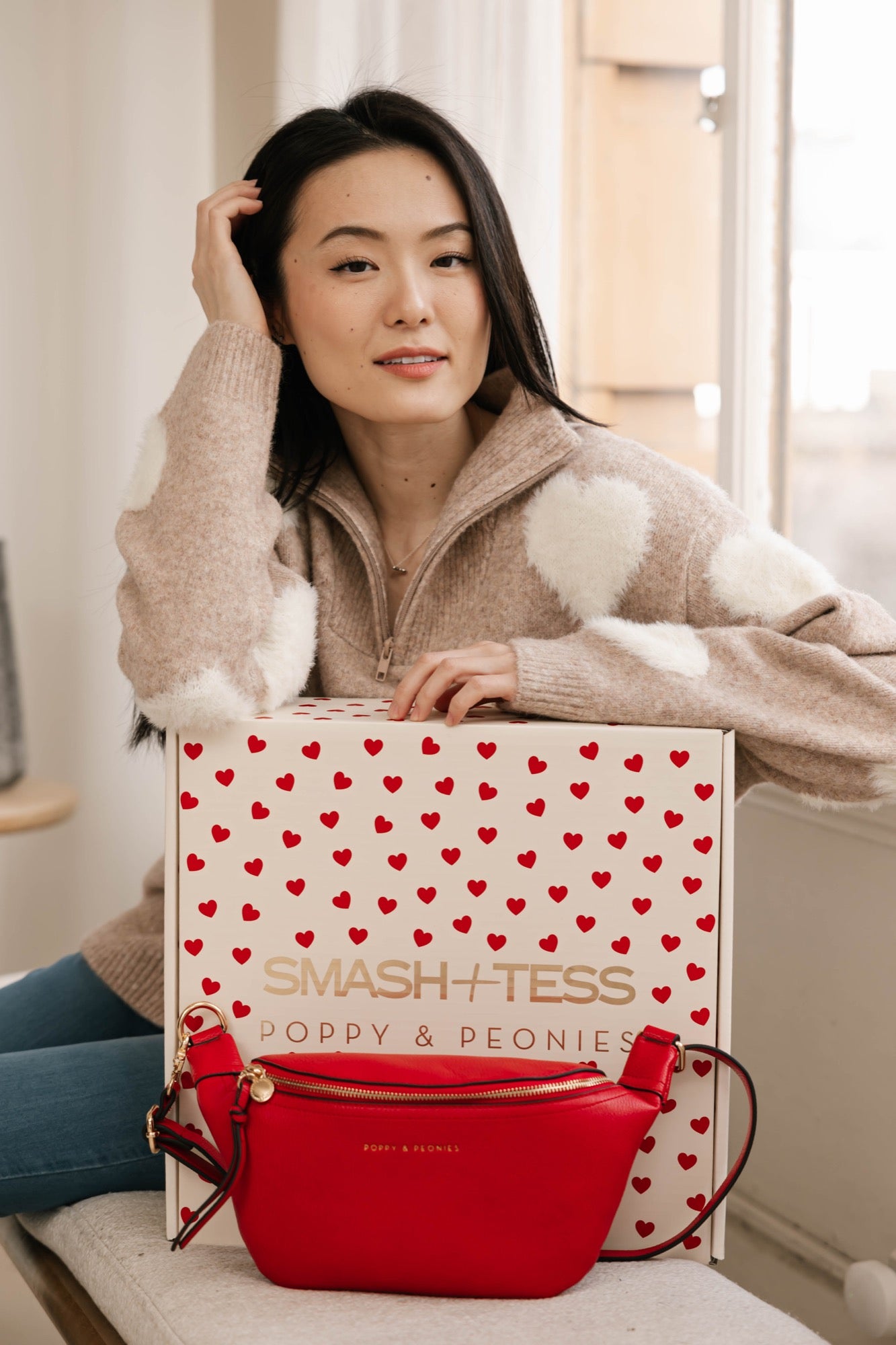 Galentine’s Sweater in Light Brown/Ivory + Sidekick in Red