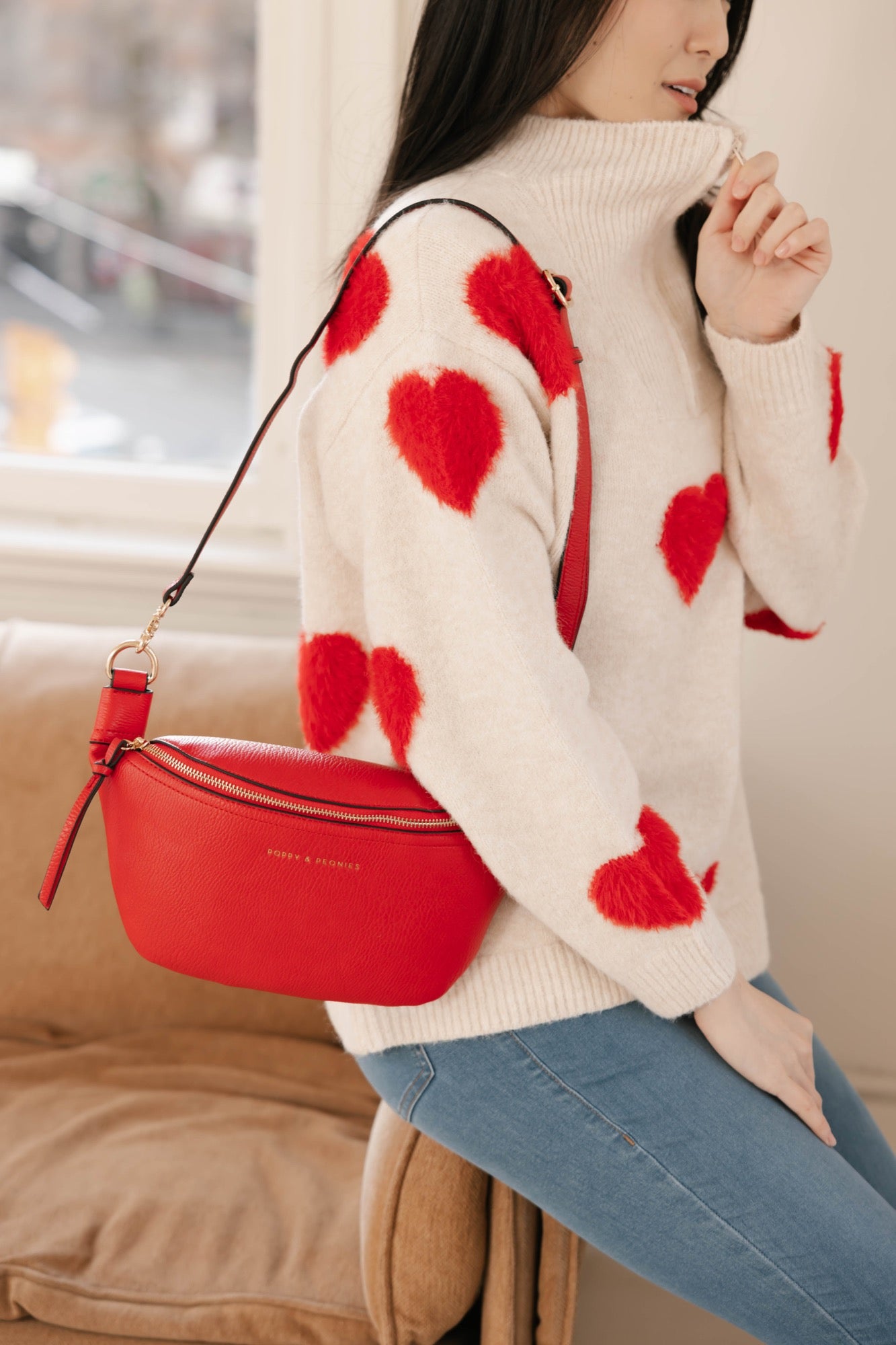 Galentine’s Sweater in Light Oatmeal/Red + Sidekick in Red