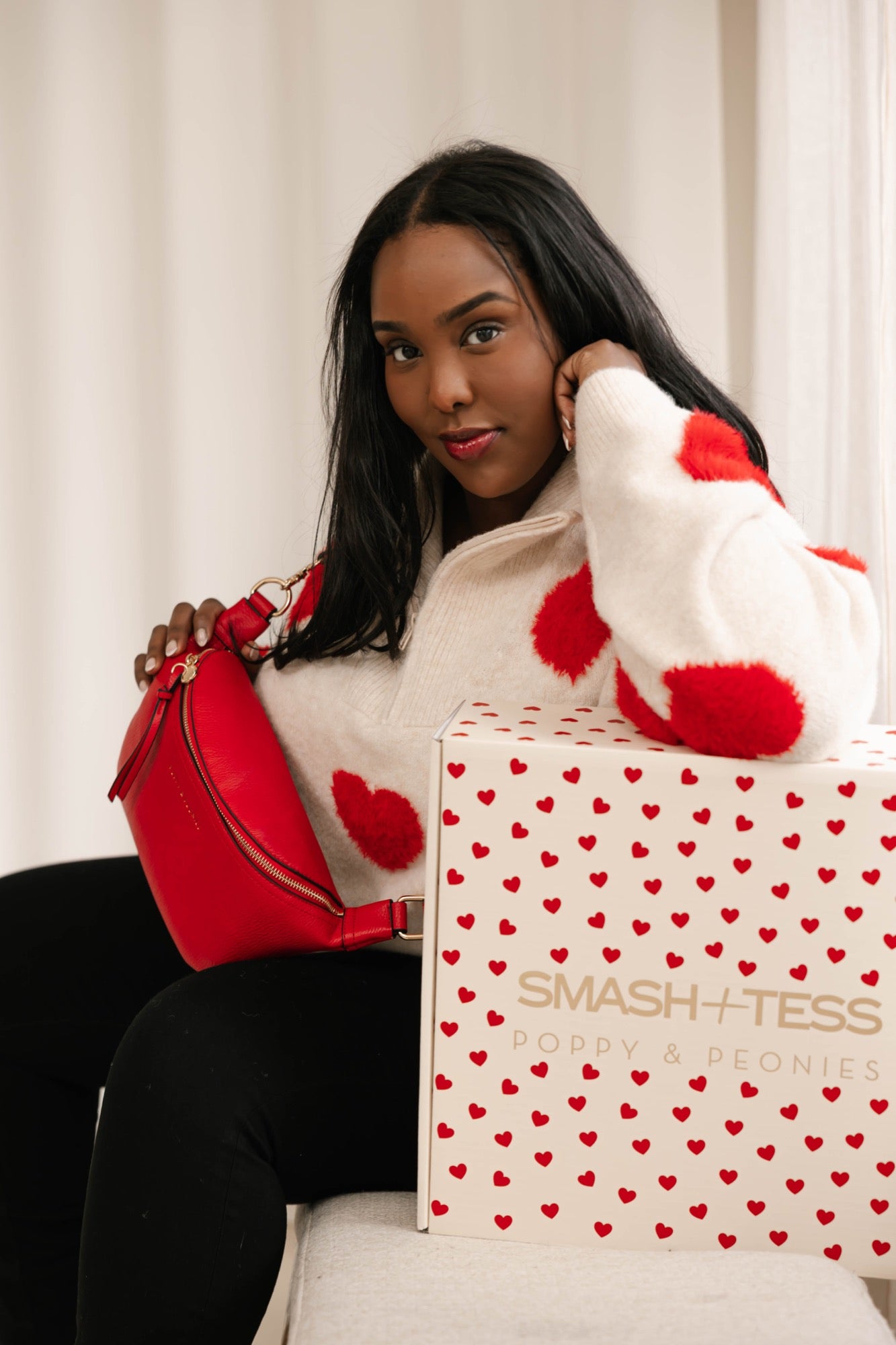 Galentine’s Sweater in Light Oatmeal/Red + Sidekick in Red