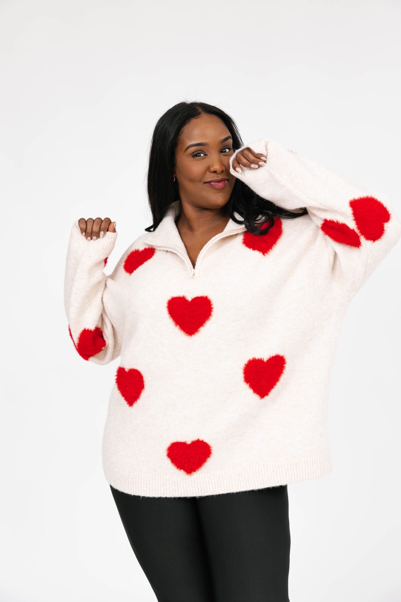 Galentine’s Sweater in Light Oatmeal/Red + Sidekick in Red