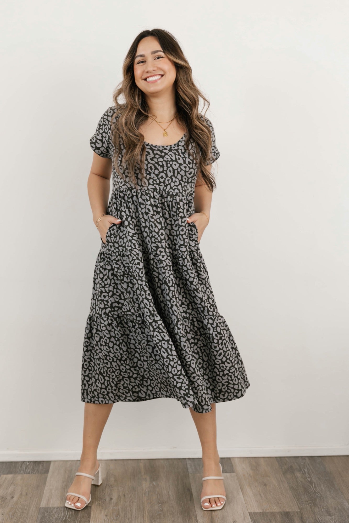 Gia Midi Dress in Grey Lola Leopard