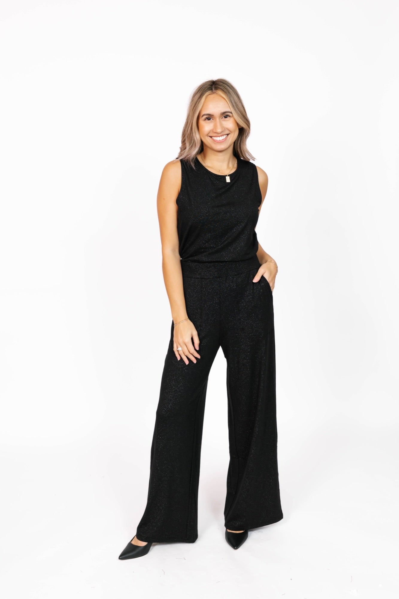 Ginny Wide Leg Romper in Sparkle Black