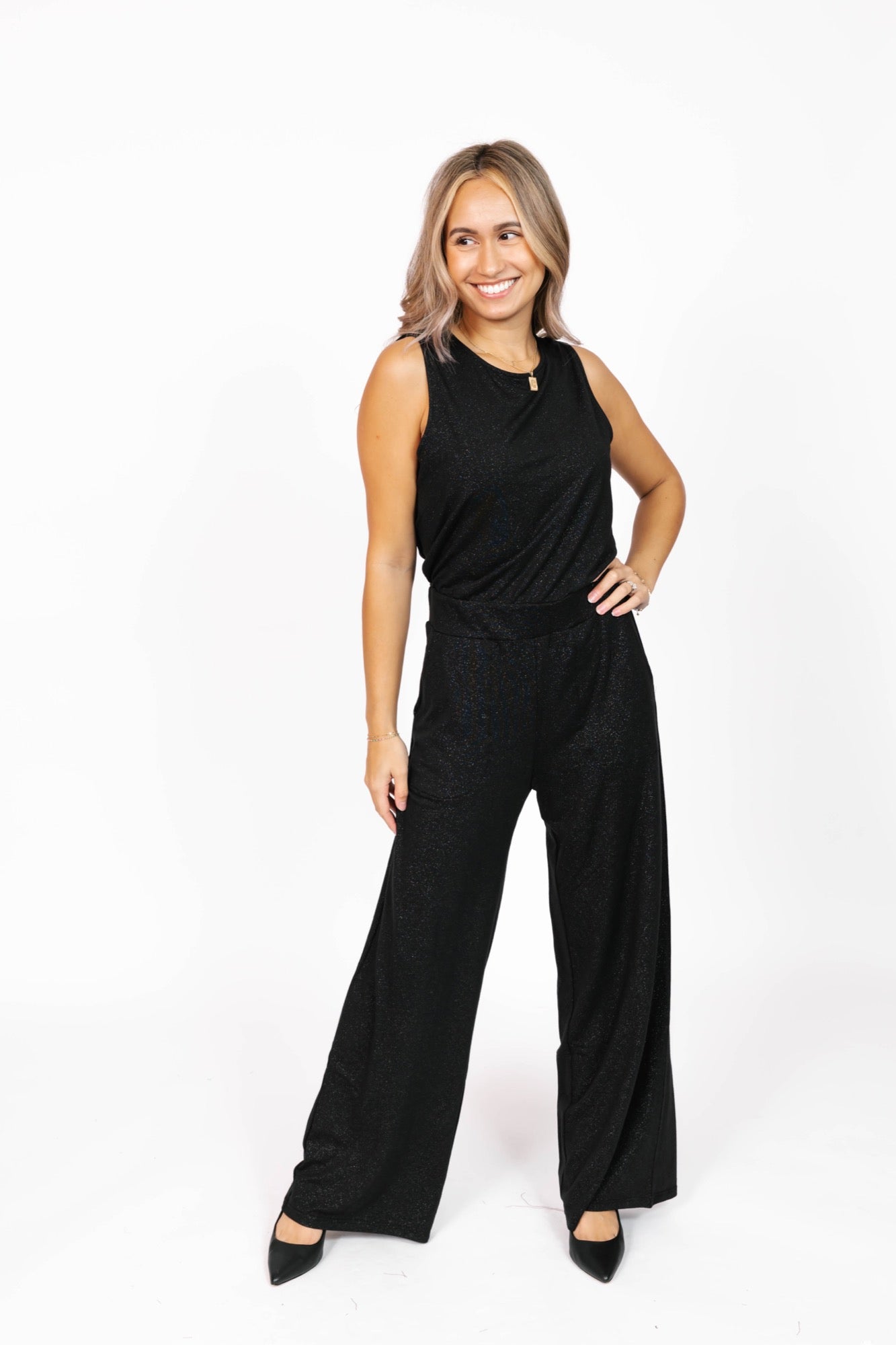 Ginny Wide Leg Romper in Sparkle Black