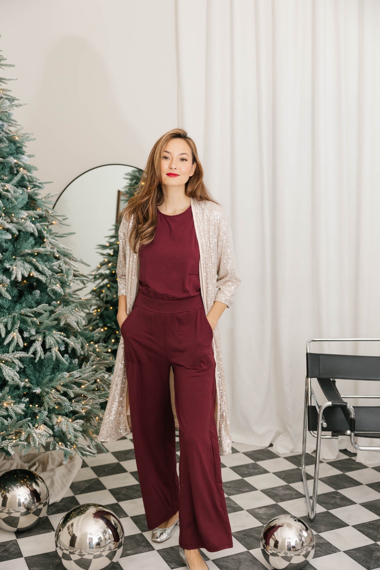 Ginny Wide Leg Romper in Bold Burgundy