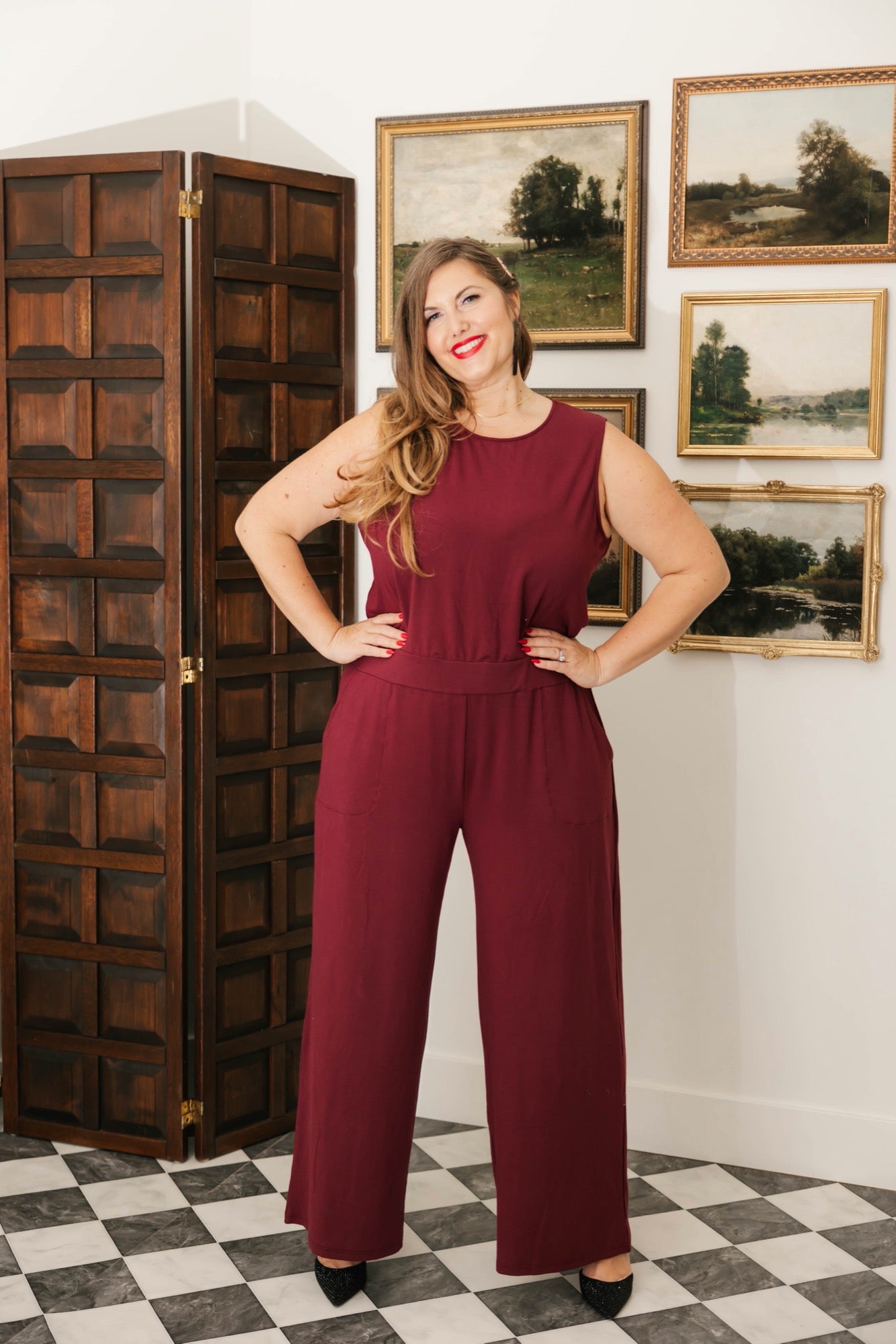 Ginny Wide Leg Romper in Bold Burgundy