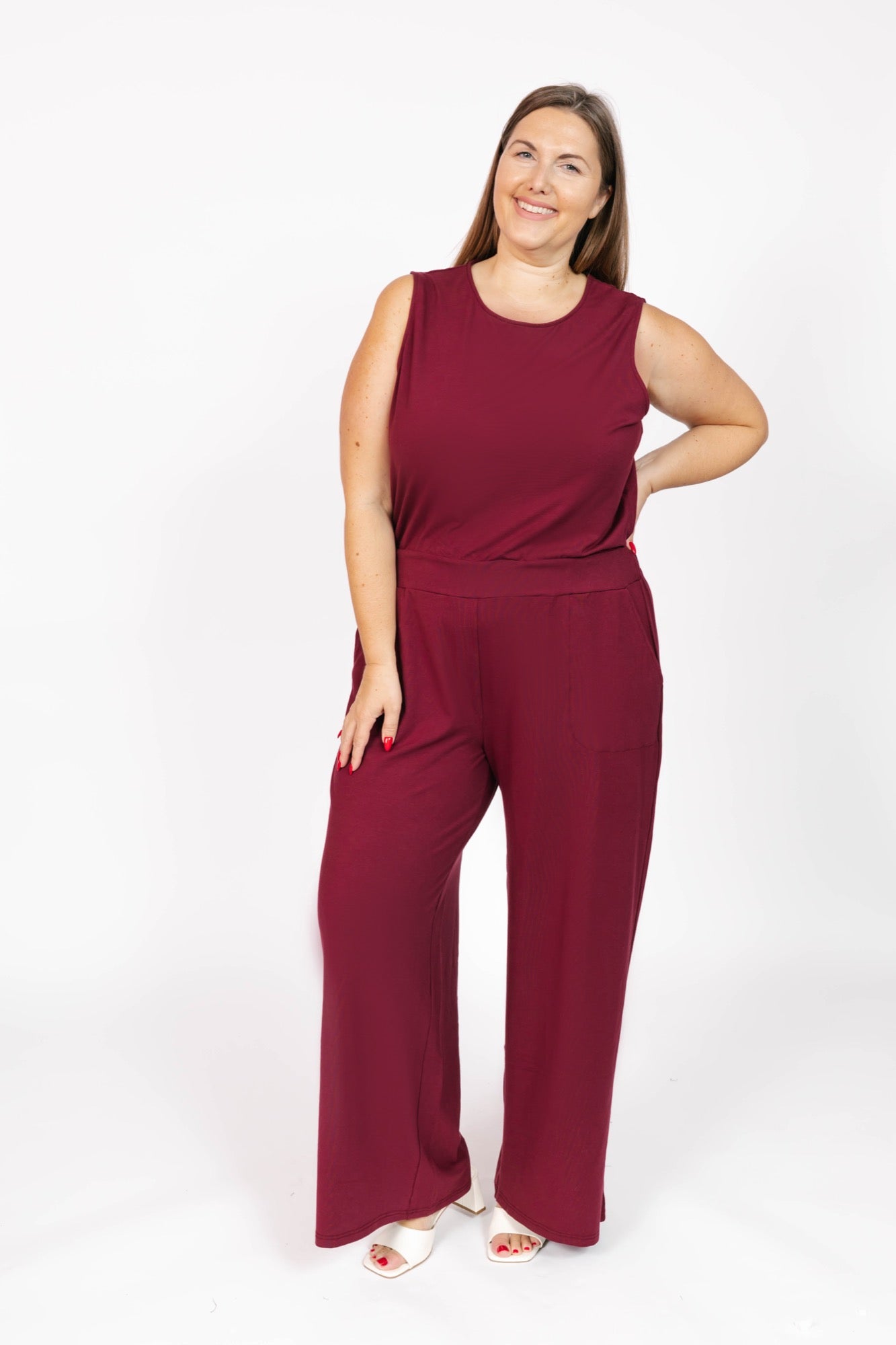 Ginny Wide Leg Romper in Bold Burgundy