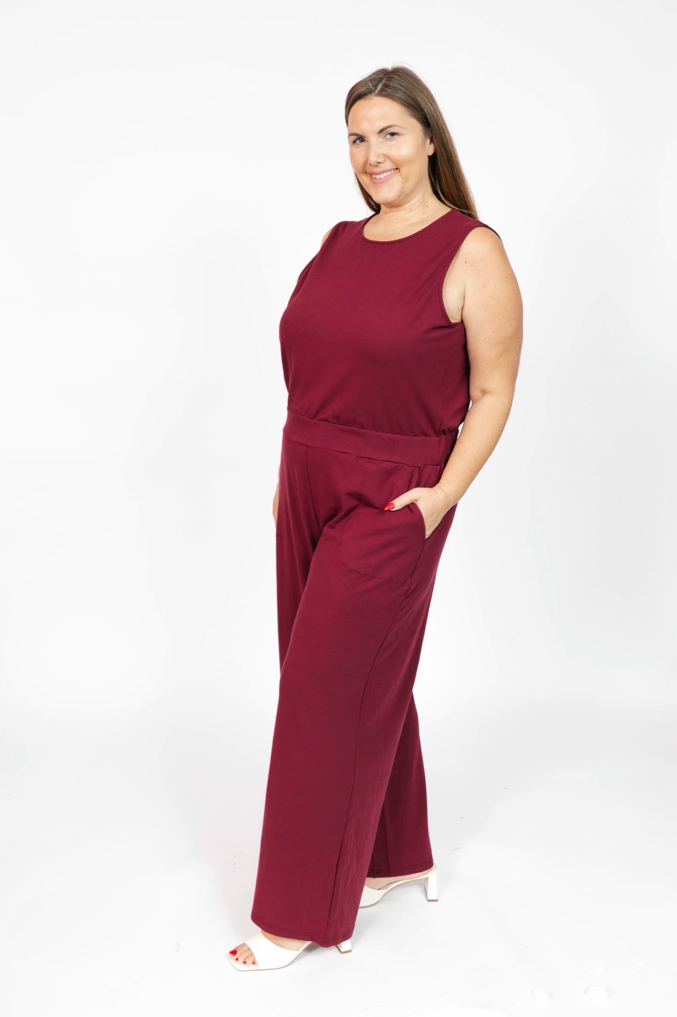 Ginny Wide Leg Romper in Bold Burgundy