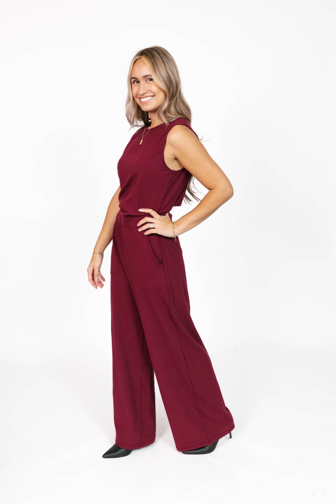 Ginny Wide Leg Romper in Bold Burgundy