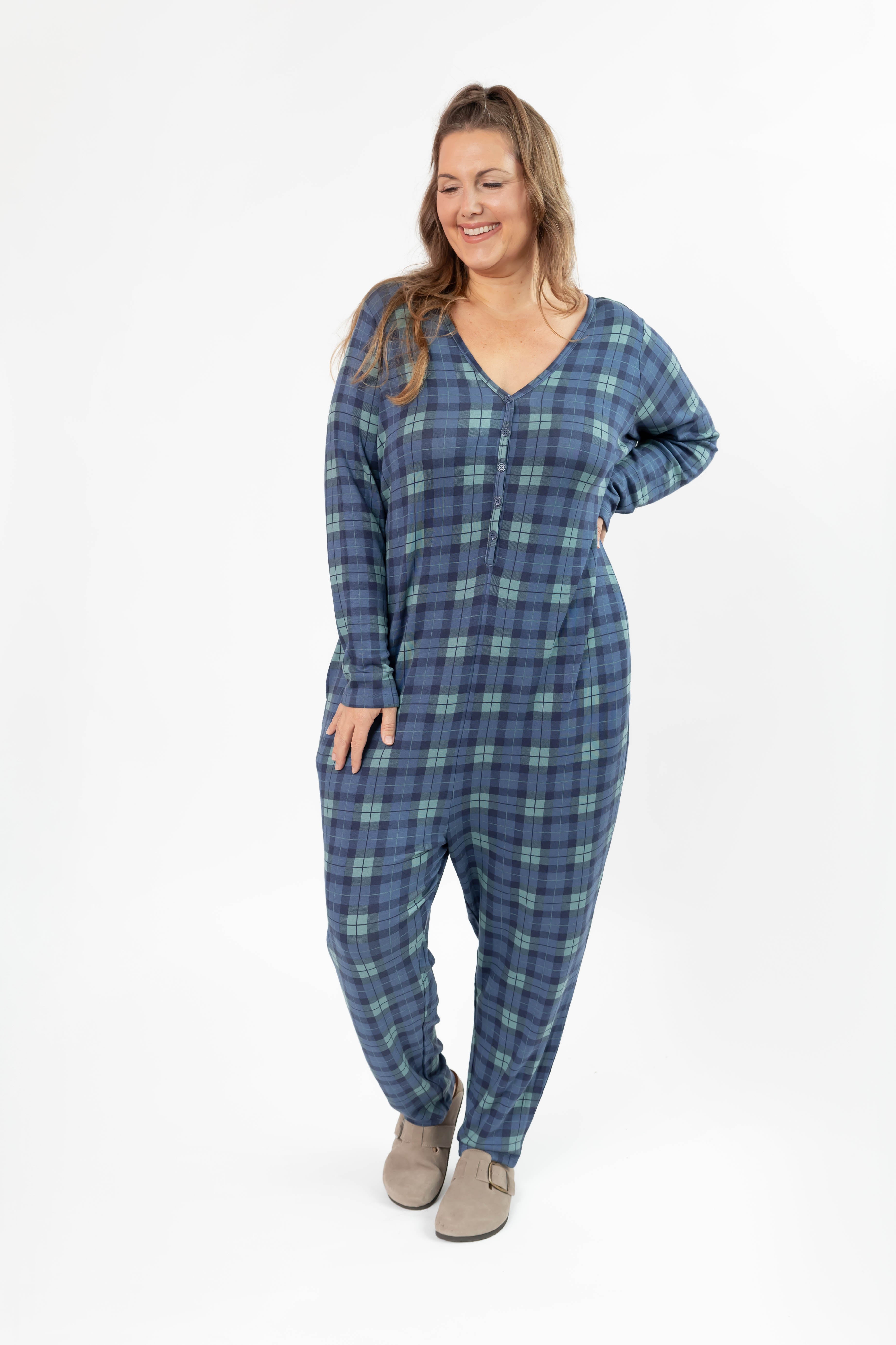 Friday Henley Romper in Navy Plaid