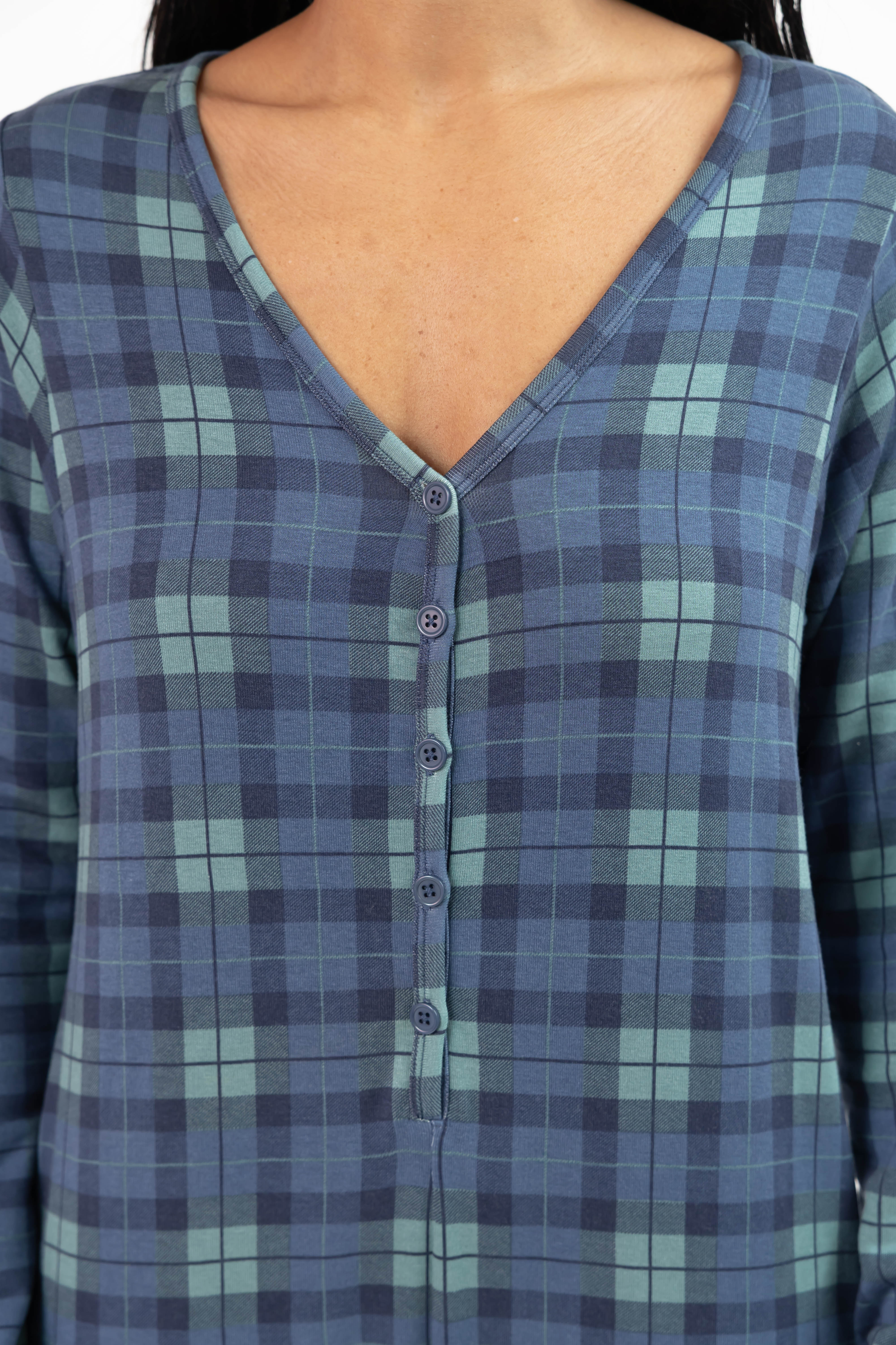 Friday Henley Romper in Navy Plaid