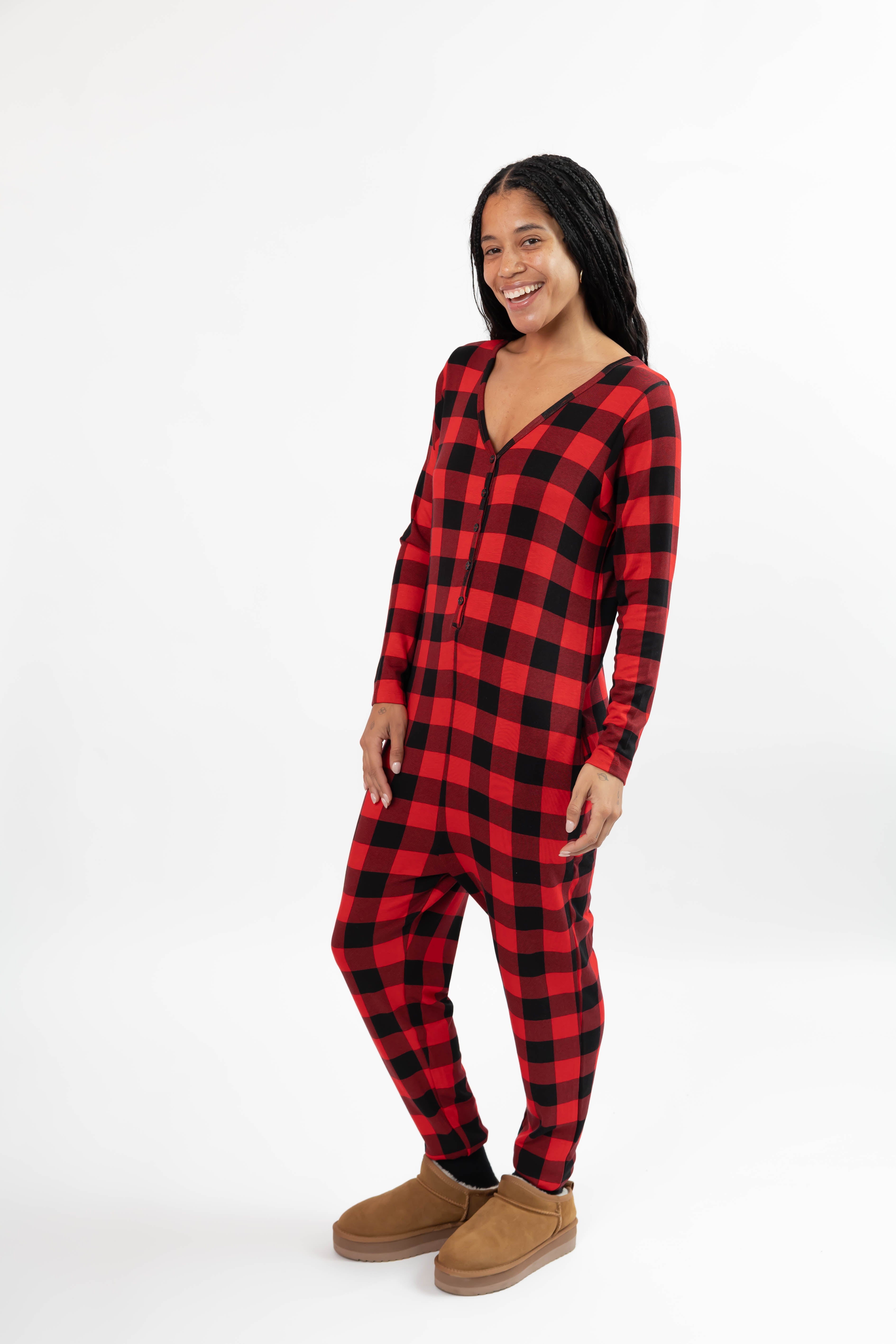 Friday Henley Romper in Red Buffalo Plaid