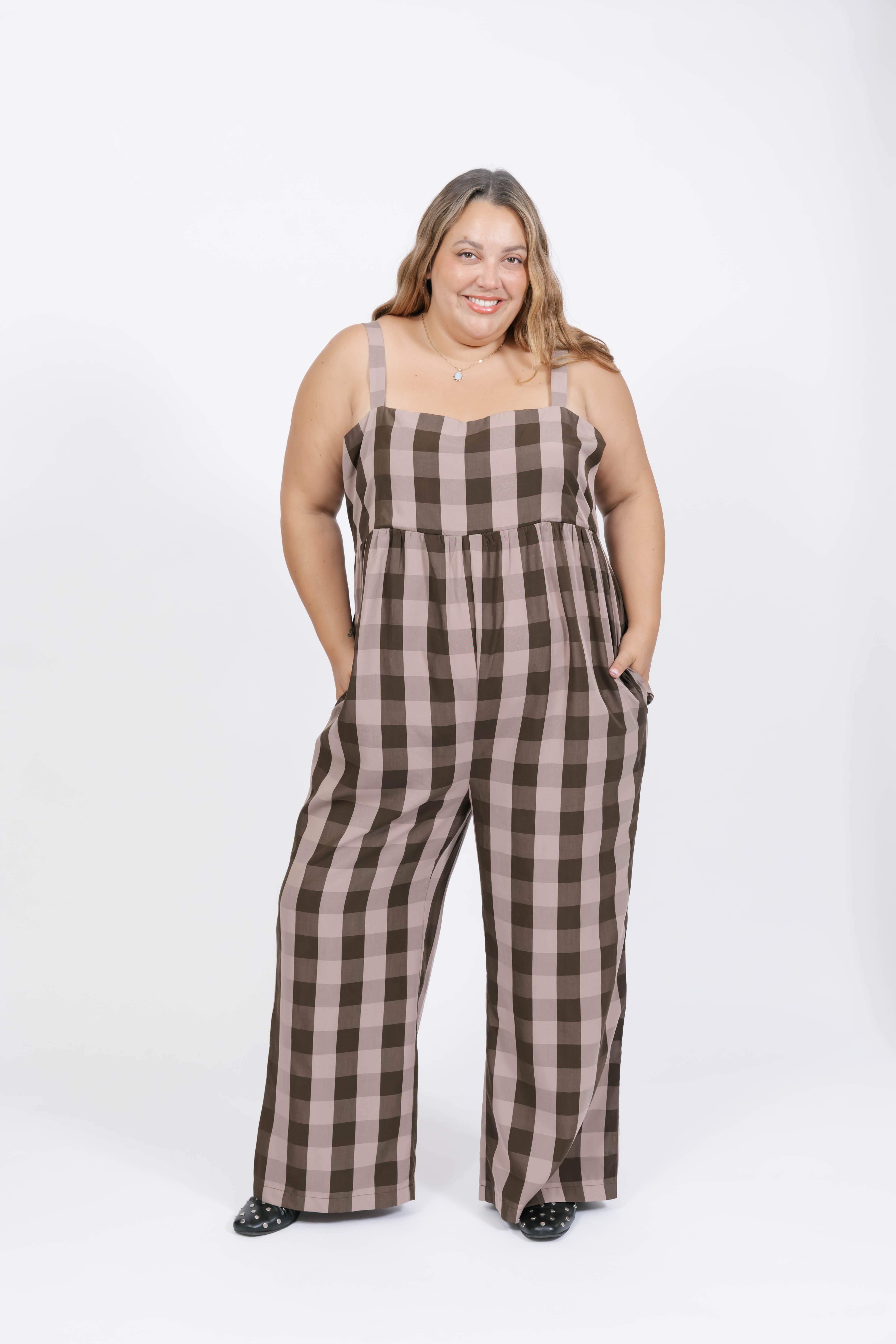 Breezy Gingham Romper in Brown