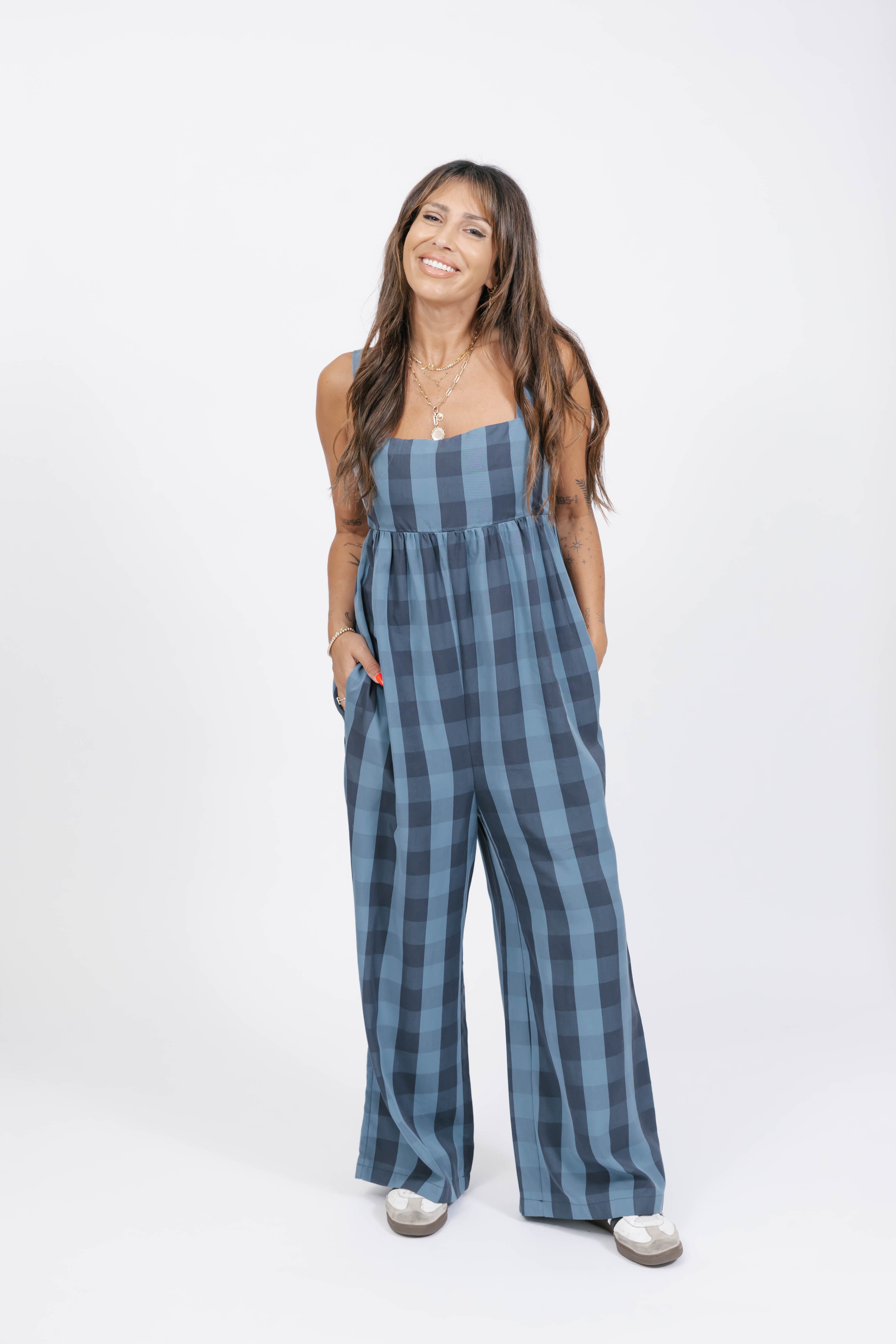 Breezy Gingham Romper in Navy