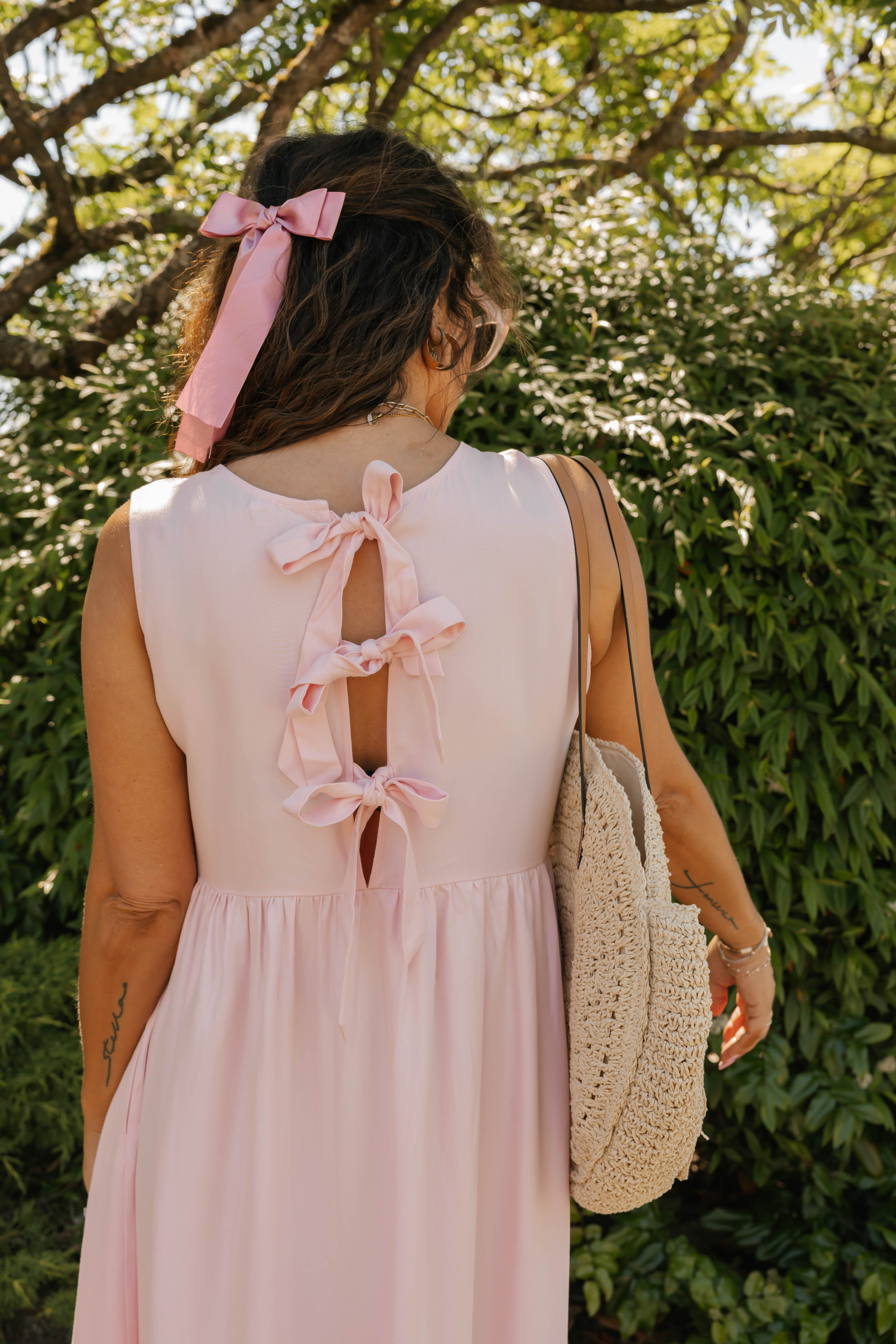 Celeste Reversible Bow Tie Midi Dress in Soft Pink
