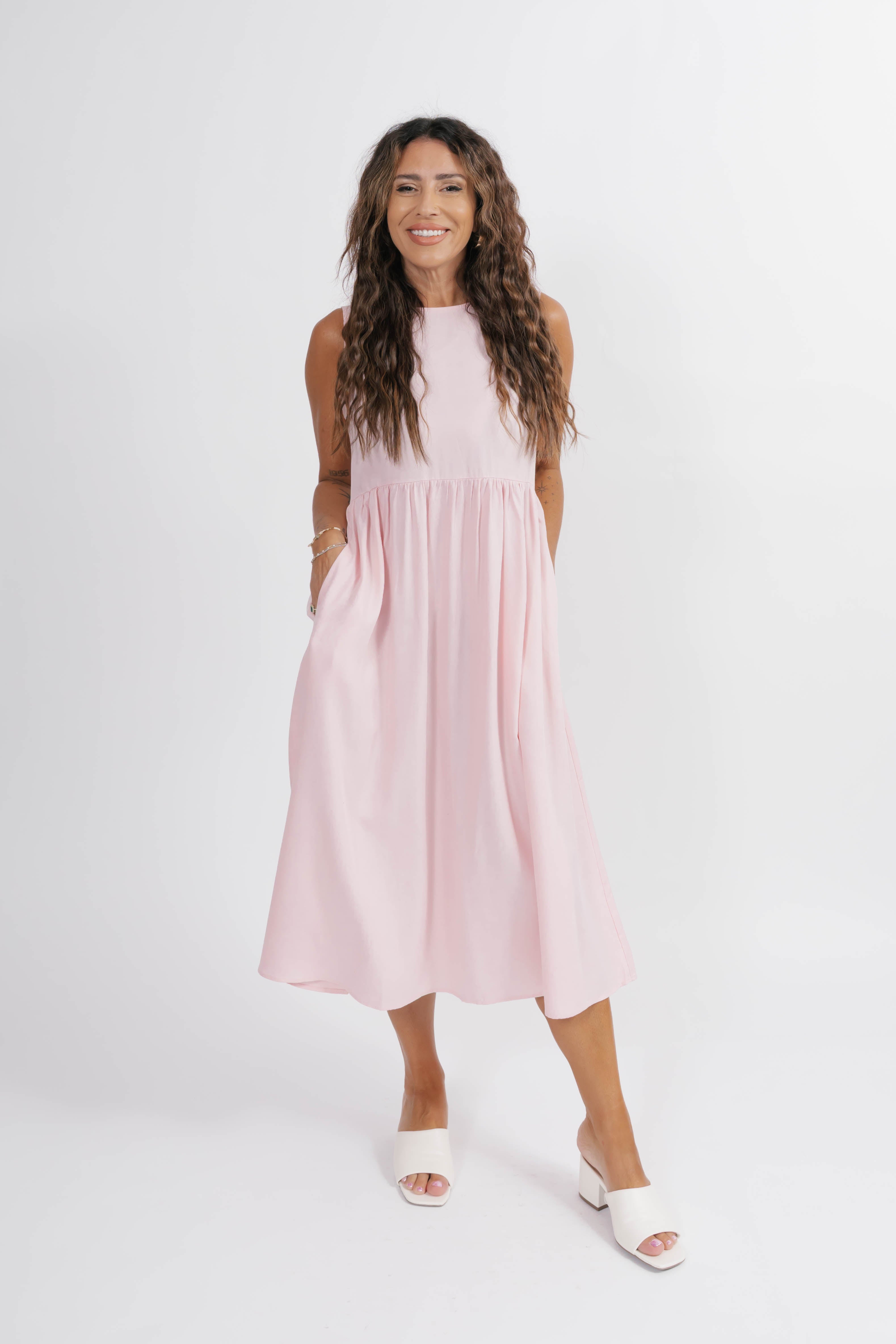 Celeste Reversible Bow Tie Midi Dress in Soft Pink