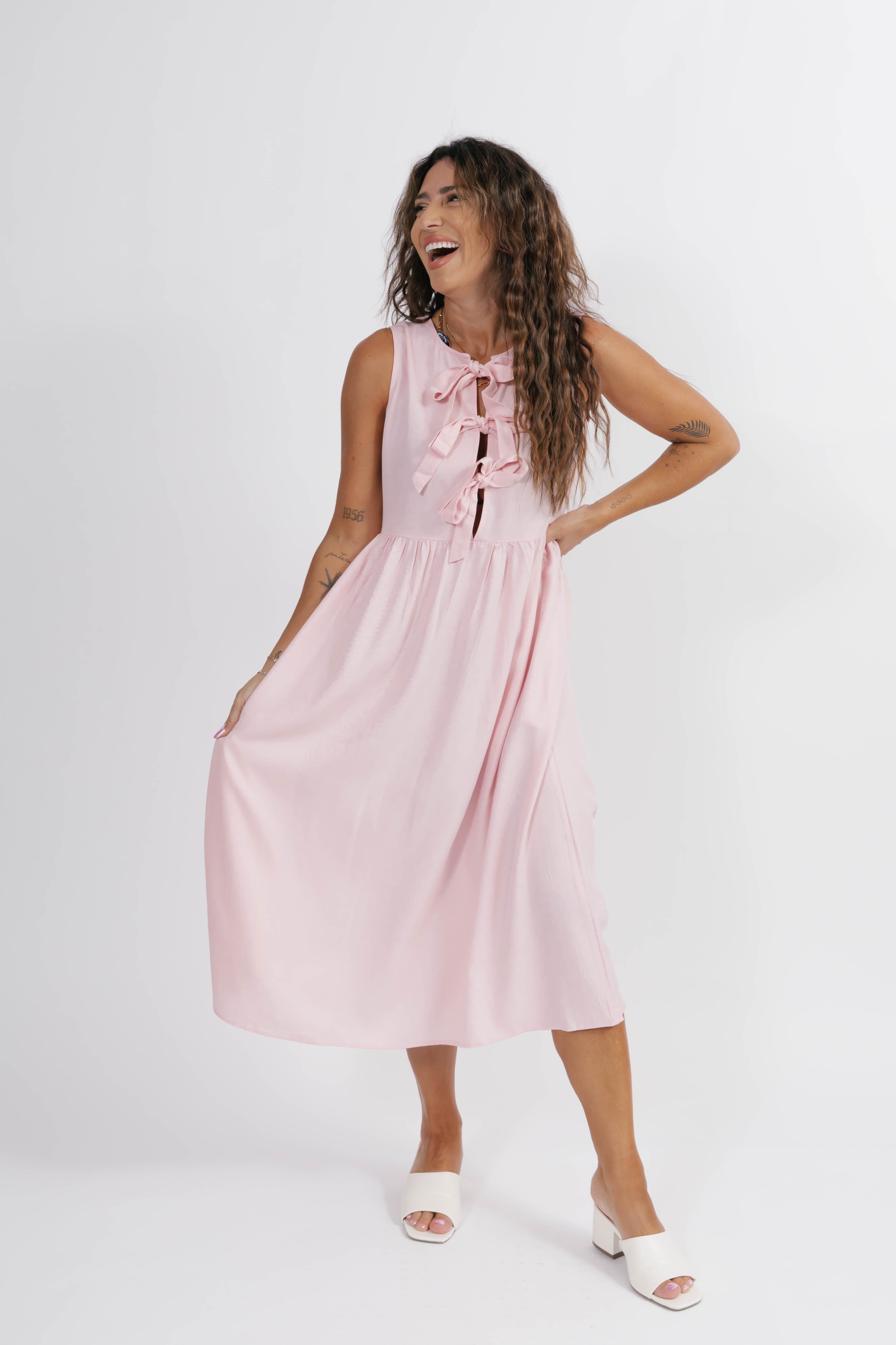 Celeste Reversible Bow Tie Midi Dress in Soft Pink