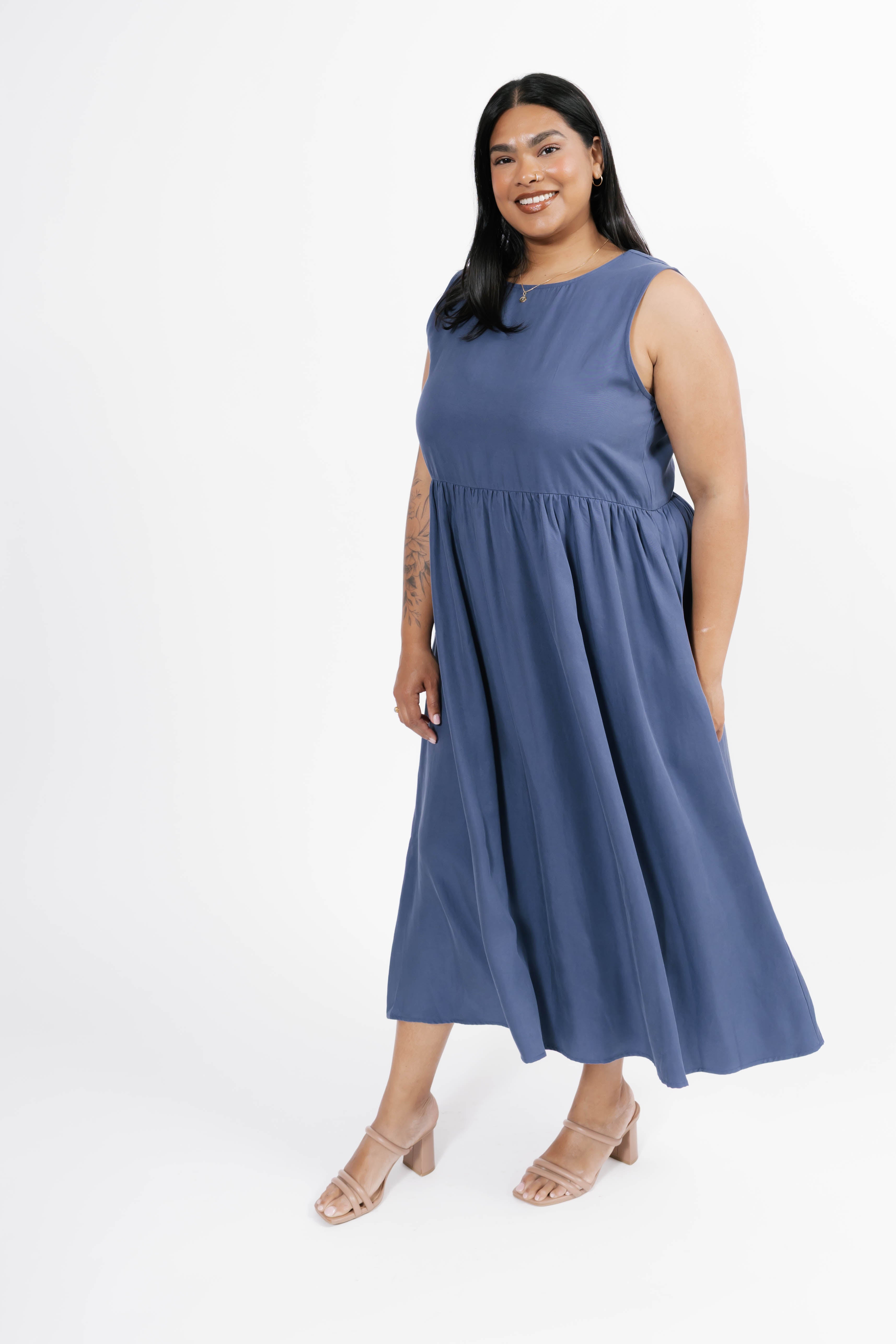 Celeste Reversible Bow Tie Midi Dress in Vintage Indigo