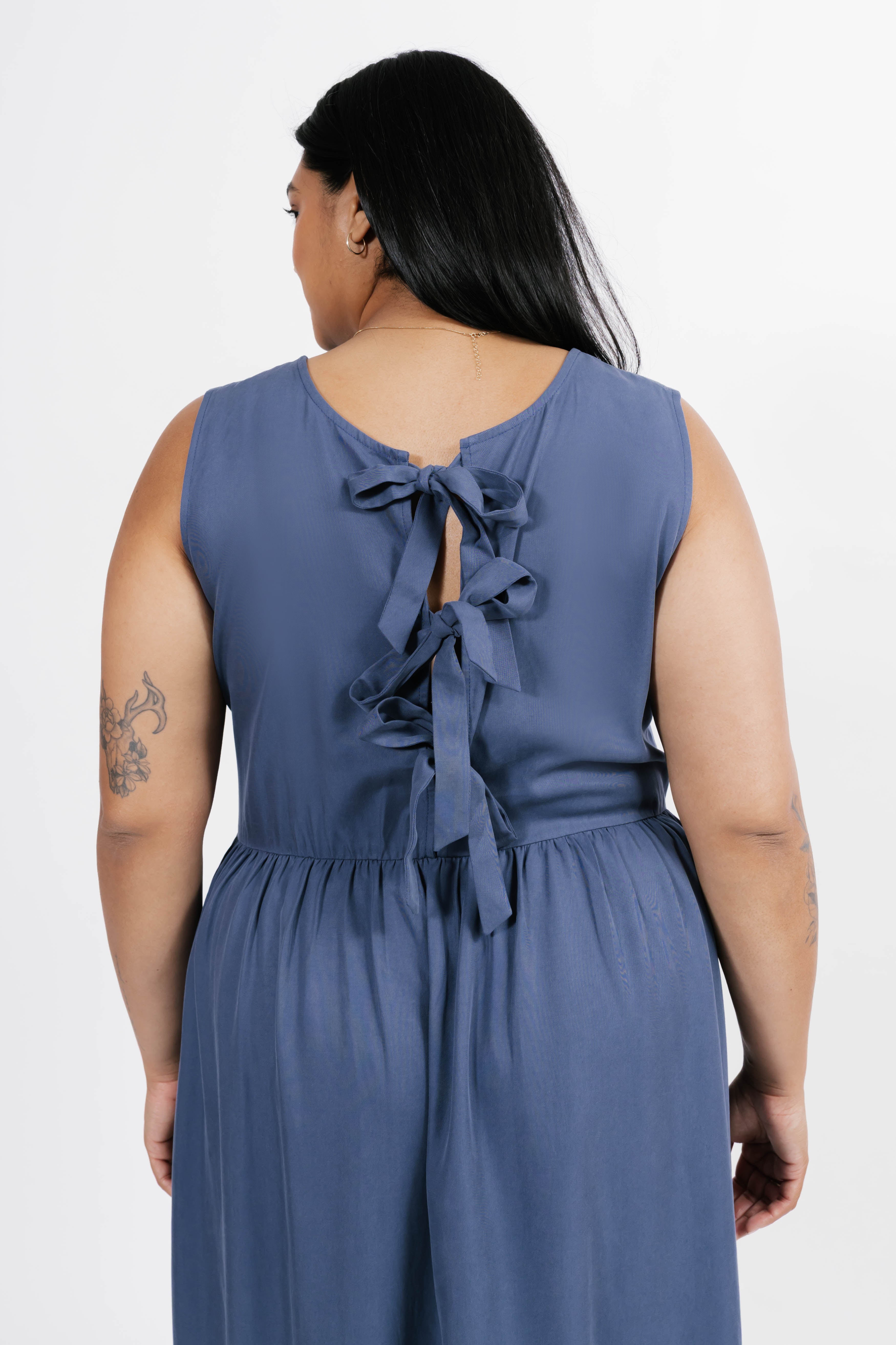 Celeste Reversible Bow Tie Midi Dress in Vintage Indigo
