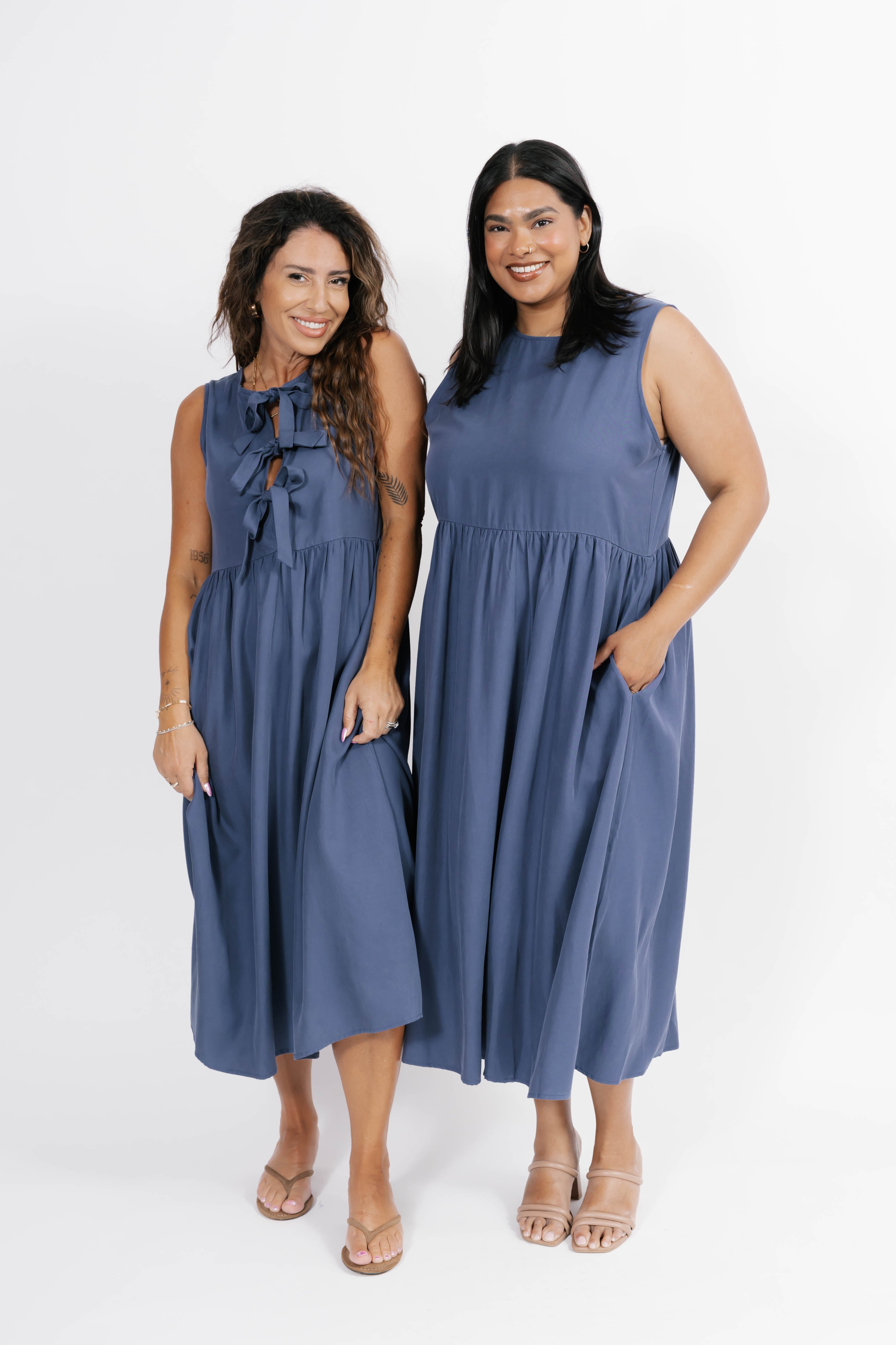 Celeste Reversible Bow Tie Midi Dress in Vintage Indigo