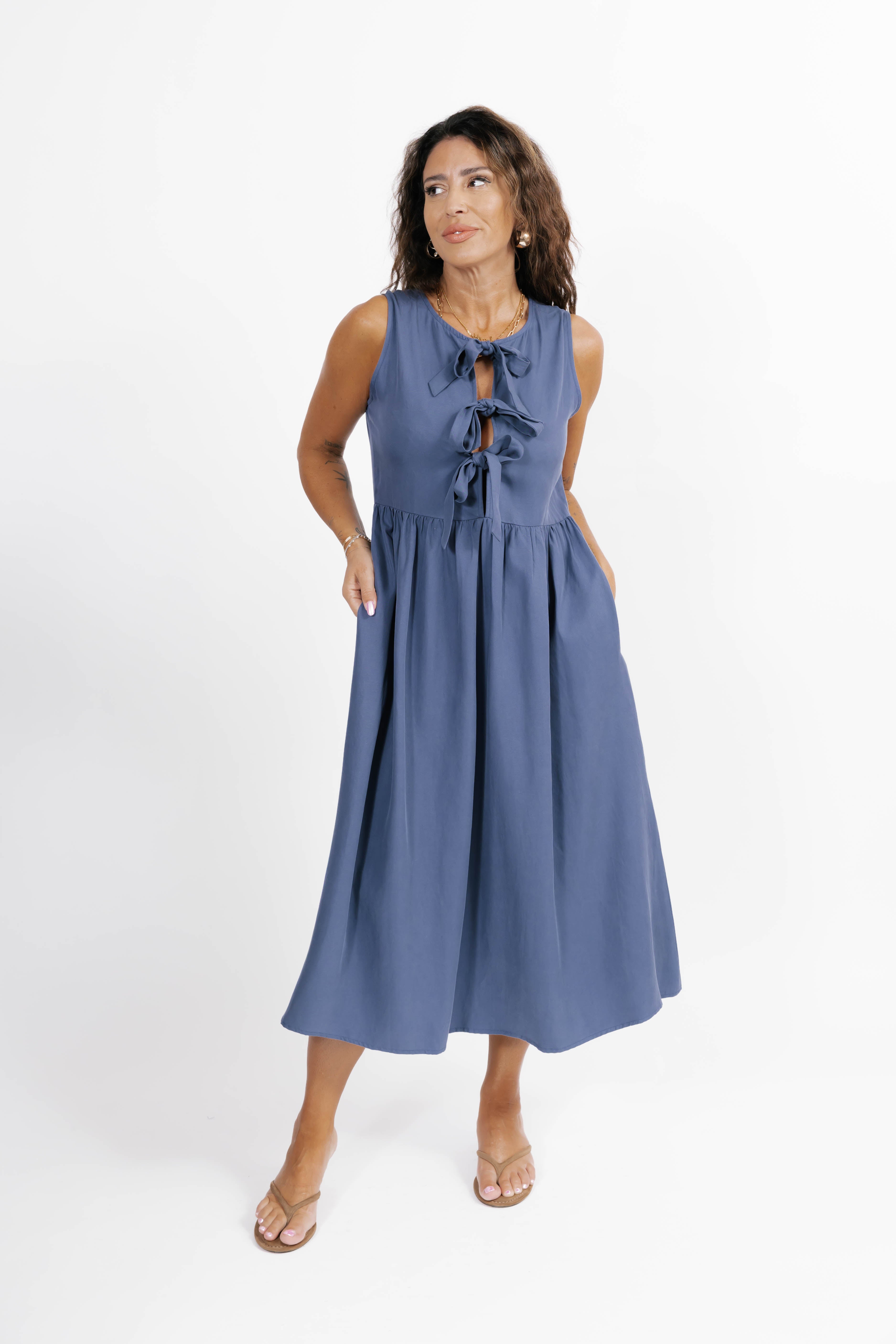 Celeste Reversible Bow Tie Midi Dress in Vintage Indigo