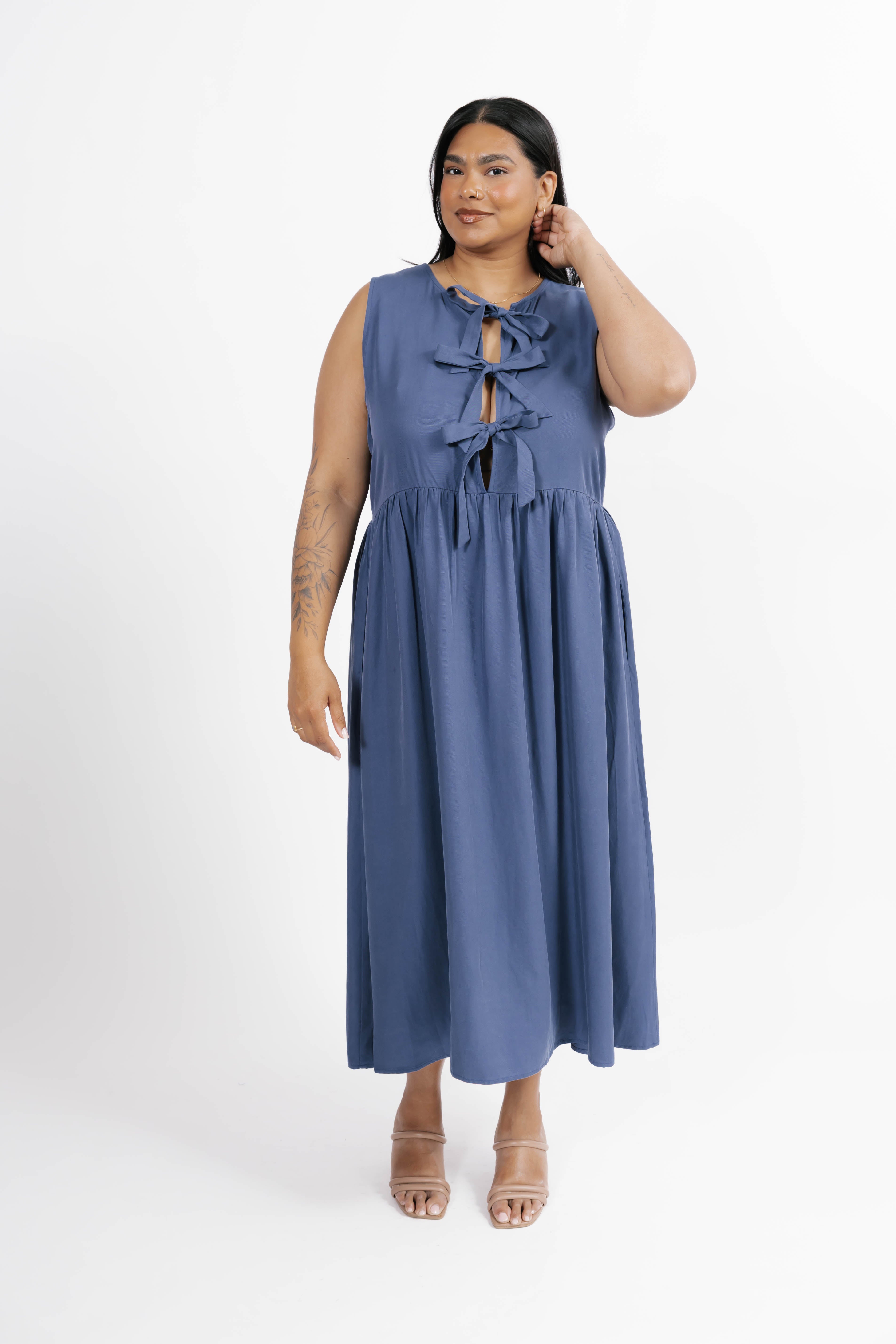 Celeste Reversible Bow Tie Midi Dress in Vintage Indigo