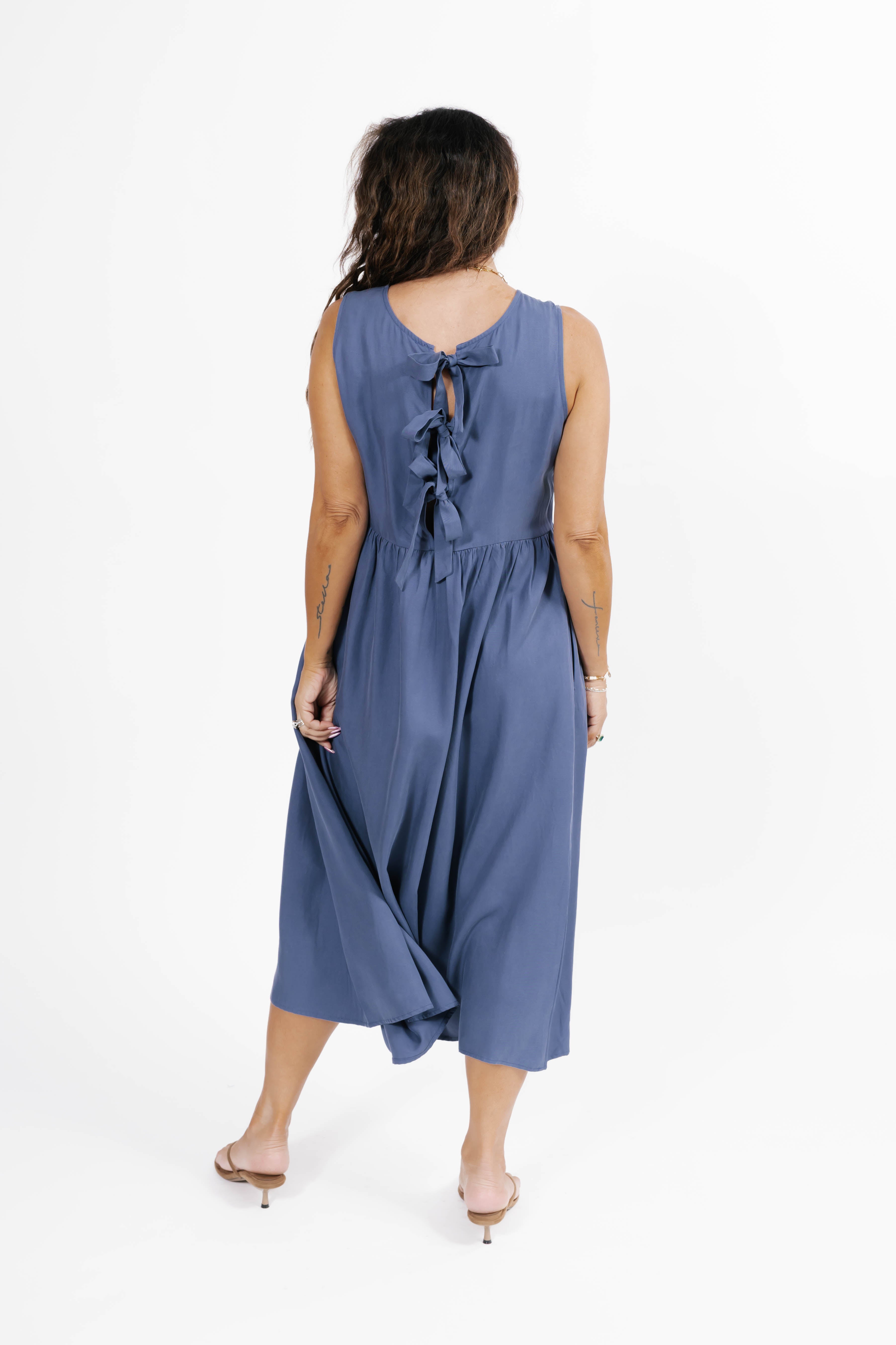 Celeste Reversible Bow Tie Midi Dress in Vintage Indigo