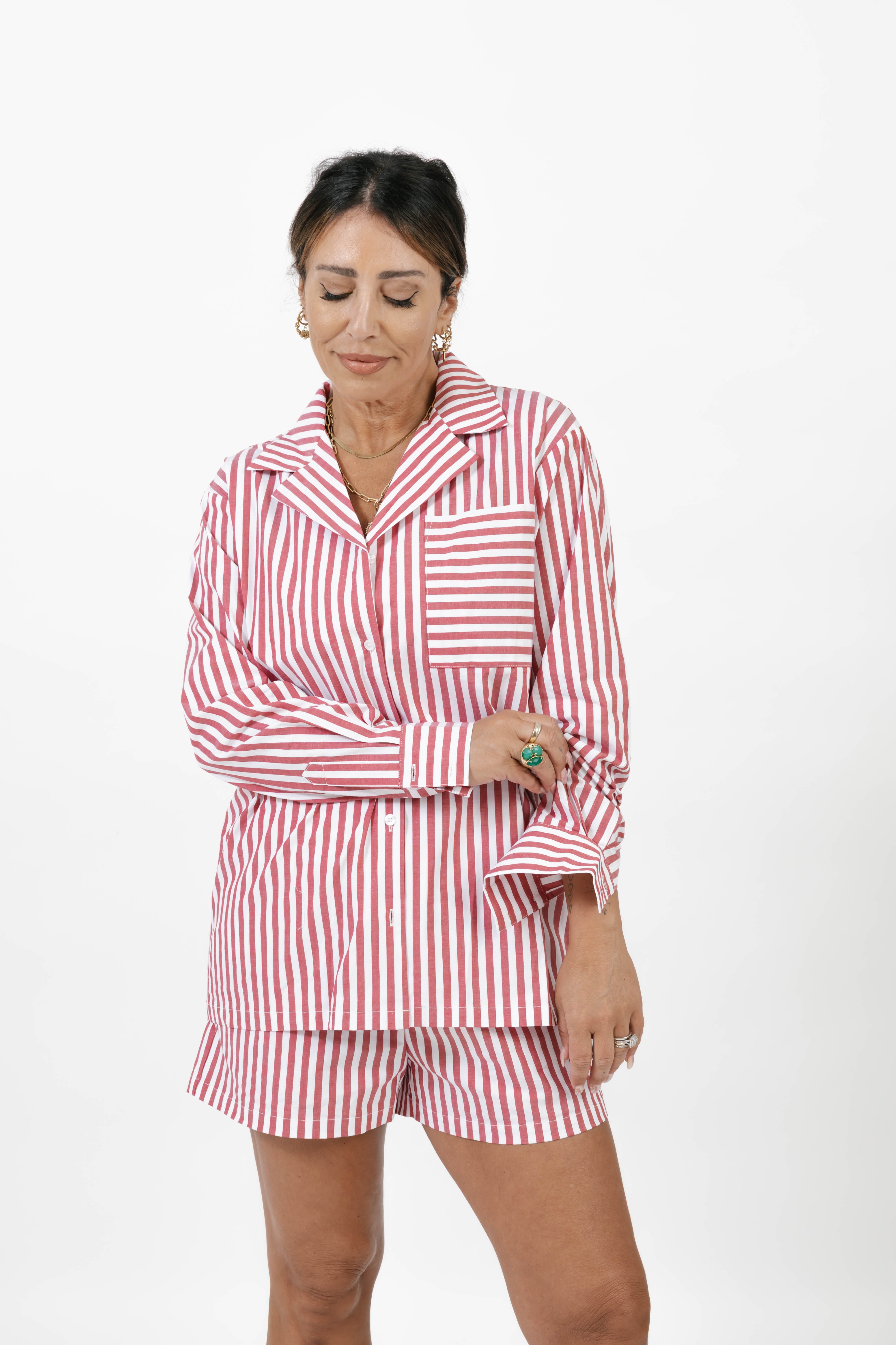 Kaitlyn Cotton Button Down Shirt in Faded Red Stripe