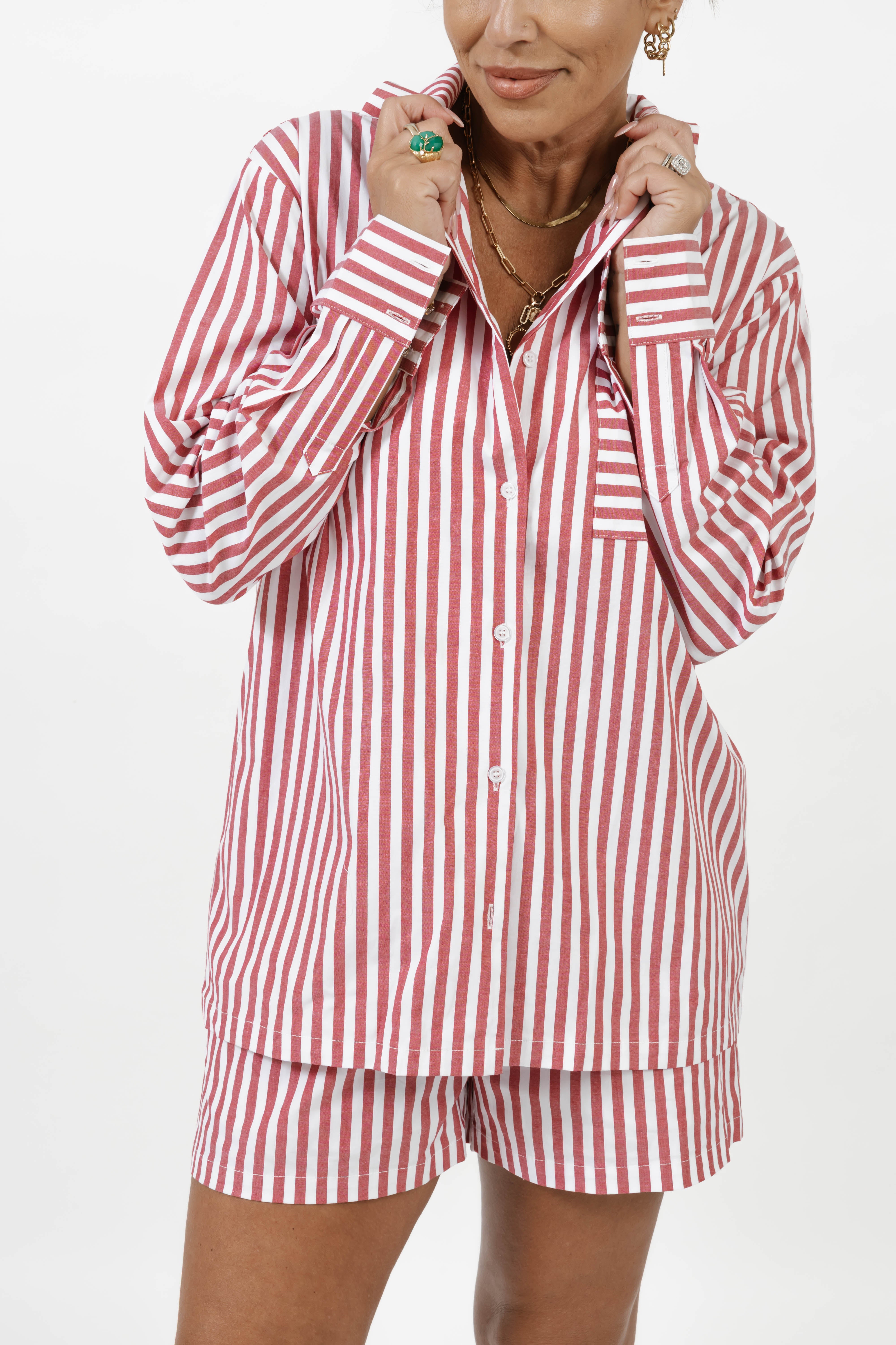 Kaitlyn Cotton Button Down Shirt in Faded Red Stripe