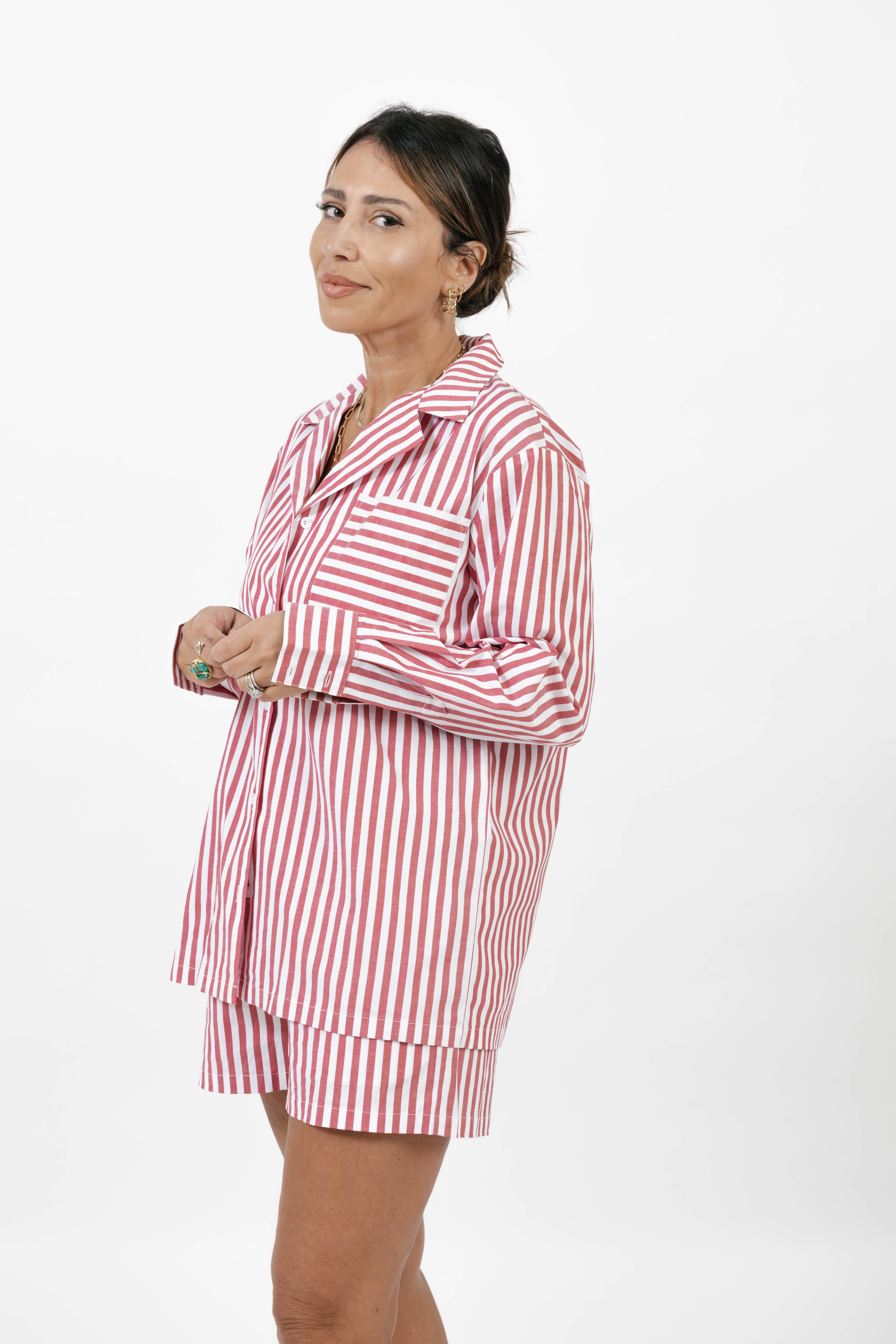 Kaitlyn Cotton Button Down Shirt in Faded Red Stripe