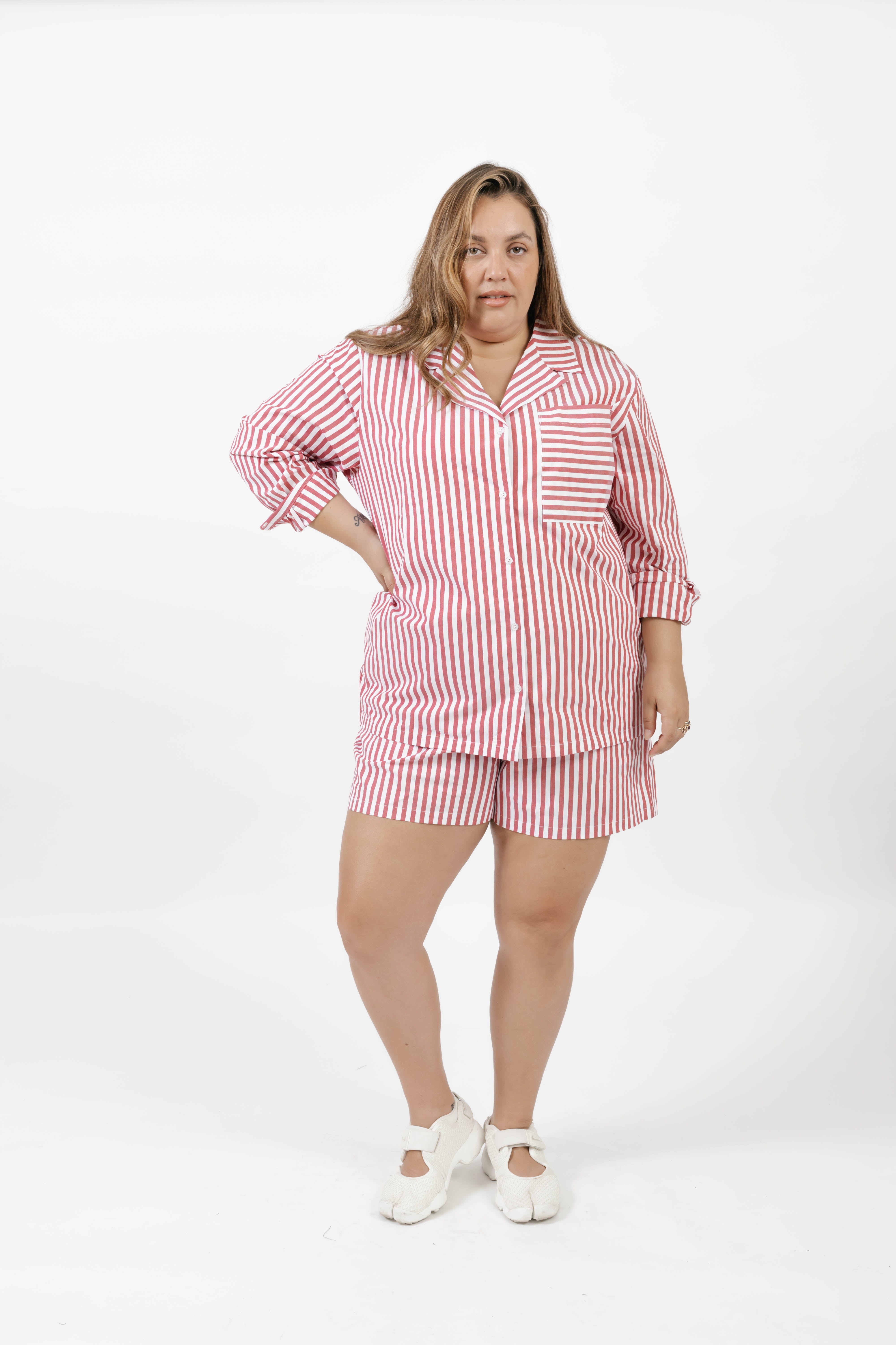 Kaitlyn Cotton Button Down Shirt in Faded Red Stripe
