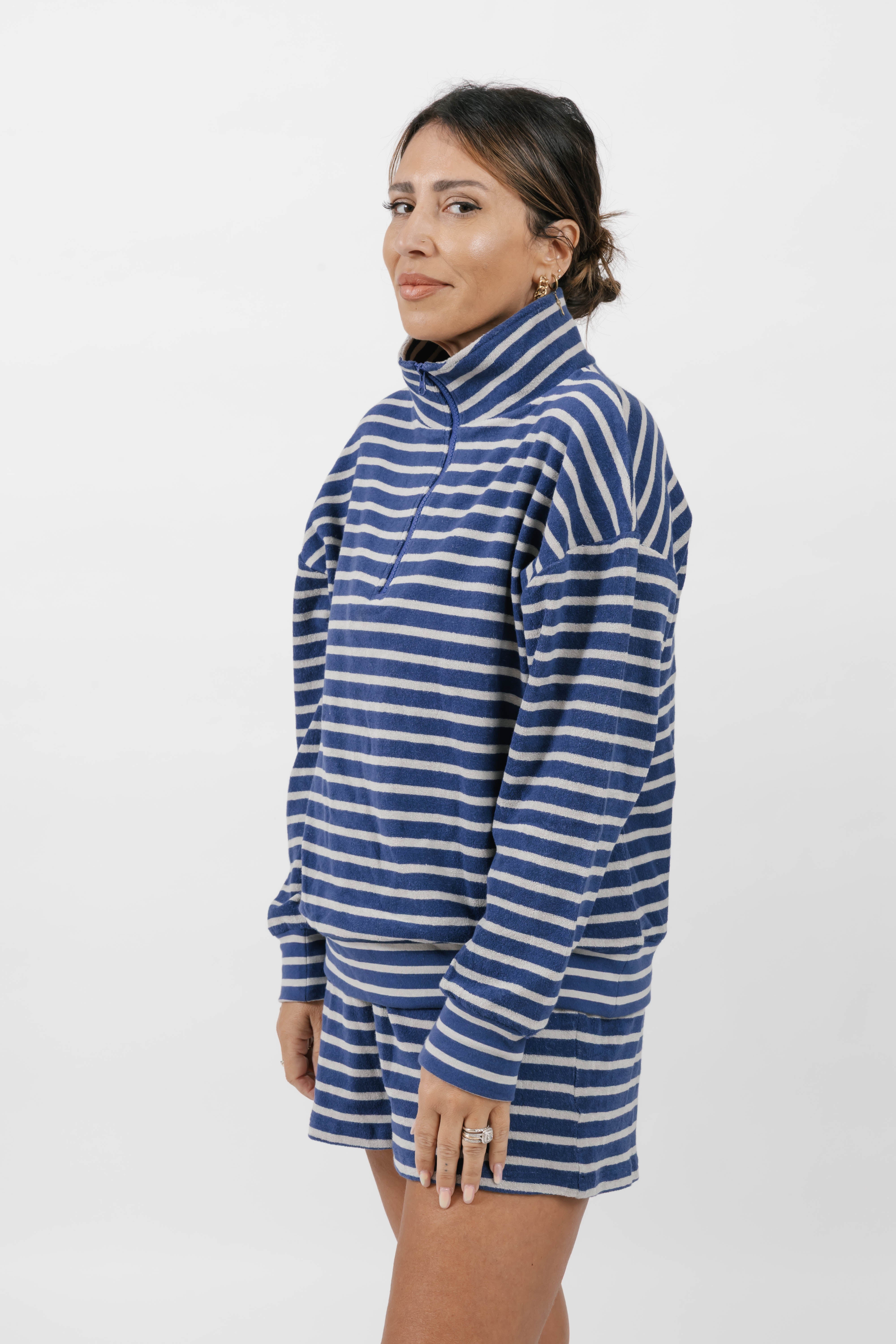 Kaitlyn Terry 1/4 Zip Top in Grey/Navy Stripe