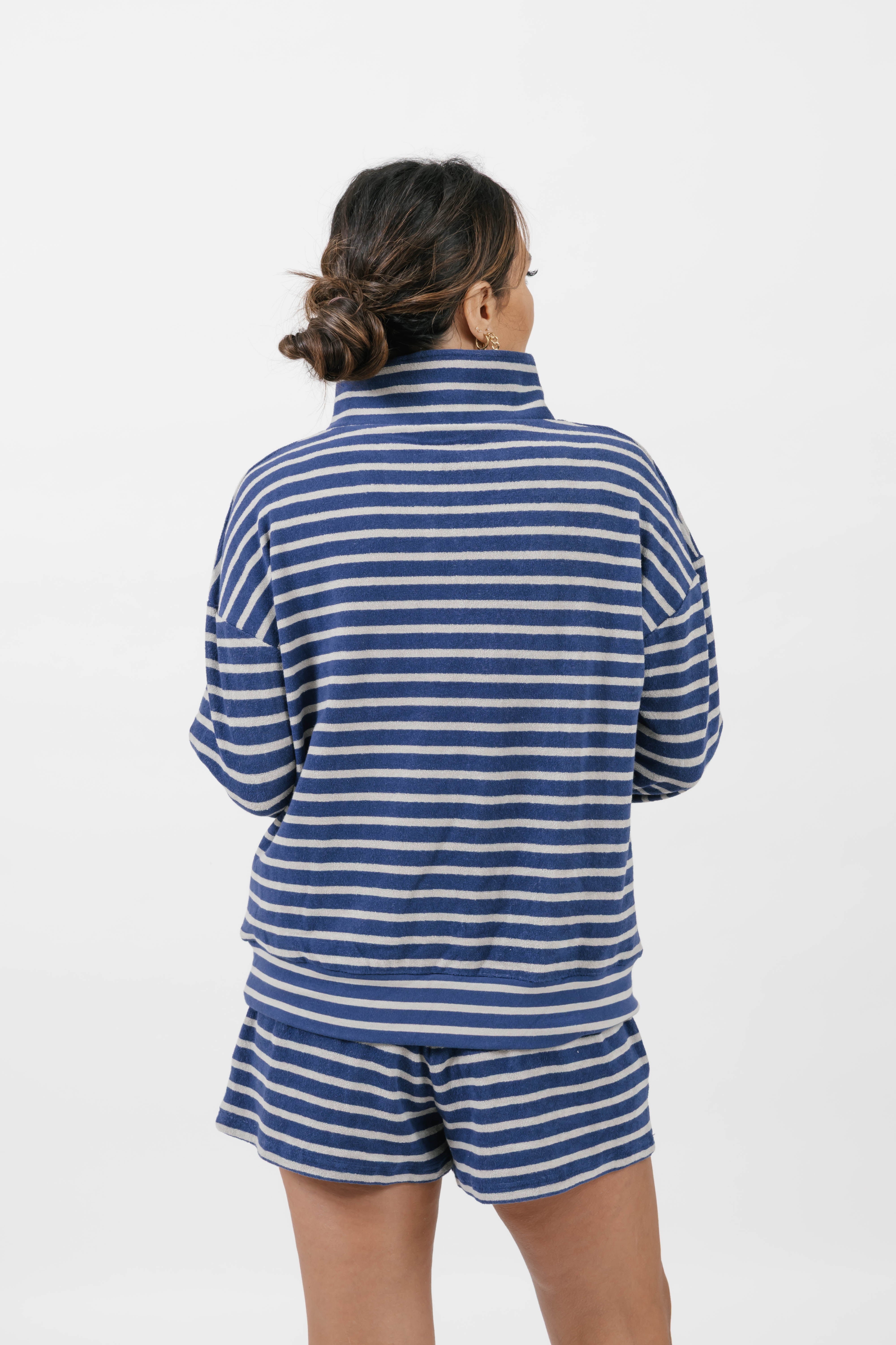 Kaitlyn Terry 1/4 Zip Top in Grey/Navy Stripe