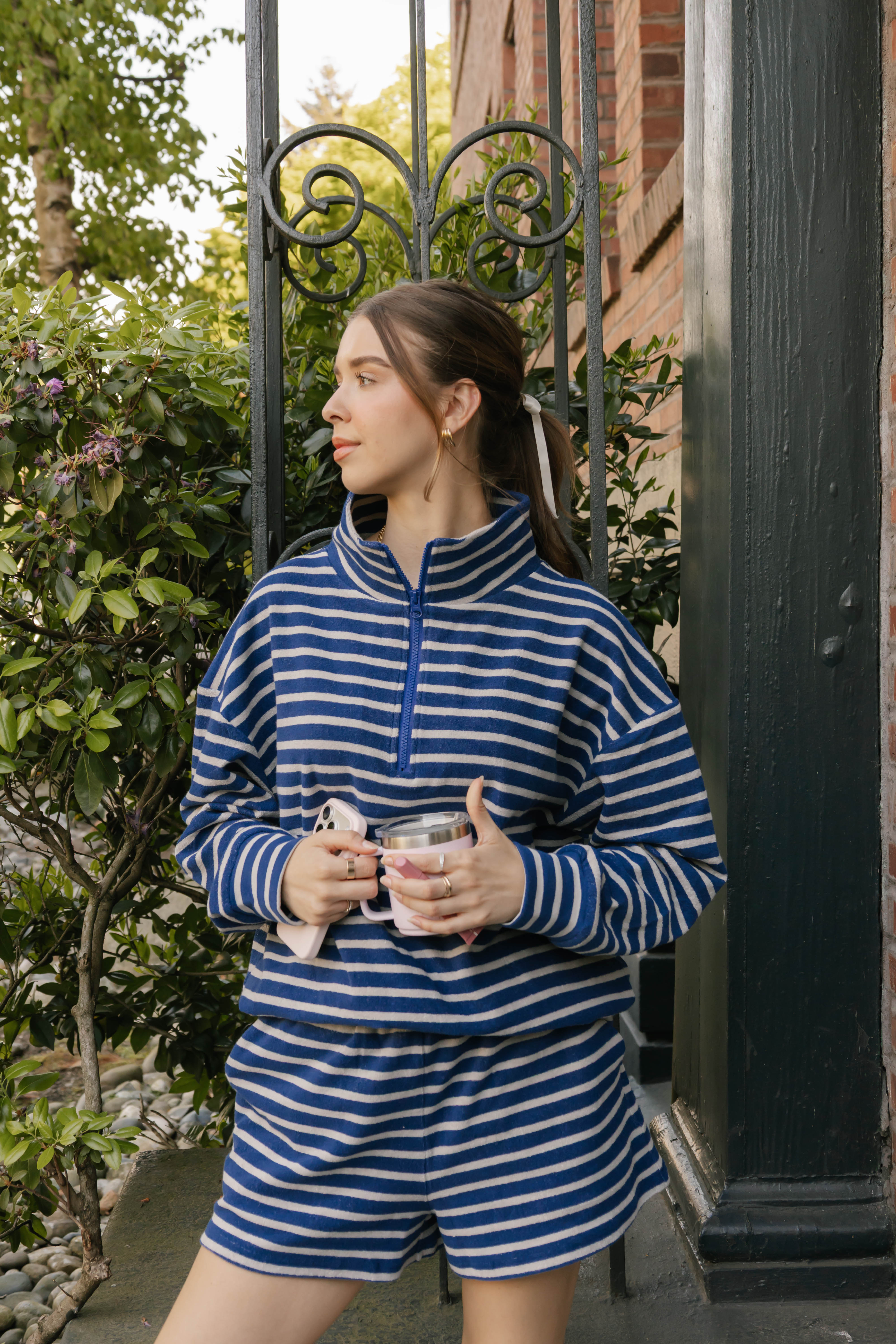 Kaitlyn Terry 1/4 Zip Top in Grey/Navy Stripe